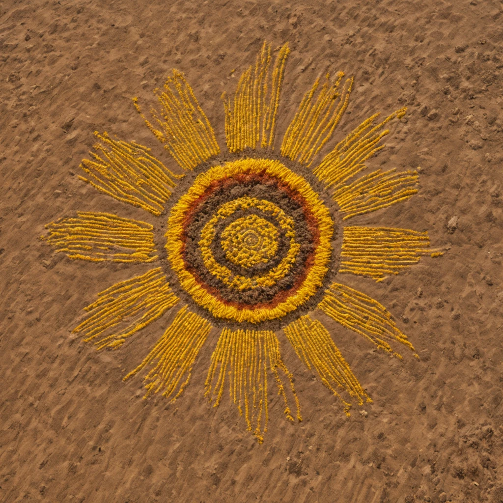 ((Nazca Lines)):Nazca Lines with sunflower motif,on a flat desert surface、A picture of a sunflower drawn with colored gravel,Sun flower、Sun flower、florals,Geoglyphs seen from the sky,Mystical,Beautiful fece,masterpiece,a cool,sunflower drawn with lines