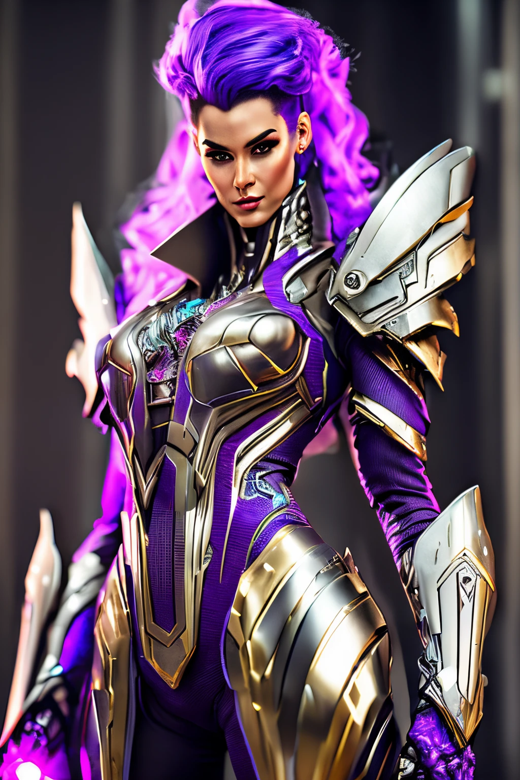 (best quality,4k,8k,highres,masterpiece:1.2),ultra-detailed,(realistic,photorealistic,photo-realistic:1.37),cybernetic armor version of Psylocke,full body portrait,shiny metallic texture,sleek and futuristic design,dynamic pose,fierce expression with glowing cybernetic eyes,enchanting purple and silver color scheme,neon lights illuminating the background,sharp focus on every intricate detail of the armor,smooth and seamless integration of organic and cybernetic elements,highly detailed facial features,flowing and voluminous purple hair,captivating energy aura surrounding the character,constantly changing digital patterns and symbols on the armor surface,perfect balance between strength and elegance,contrasting shadows and highlights creating a dramatic effect,impressive sci-fi concept art style,incorporating elements of art deco and futuristic technology.