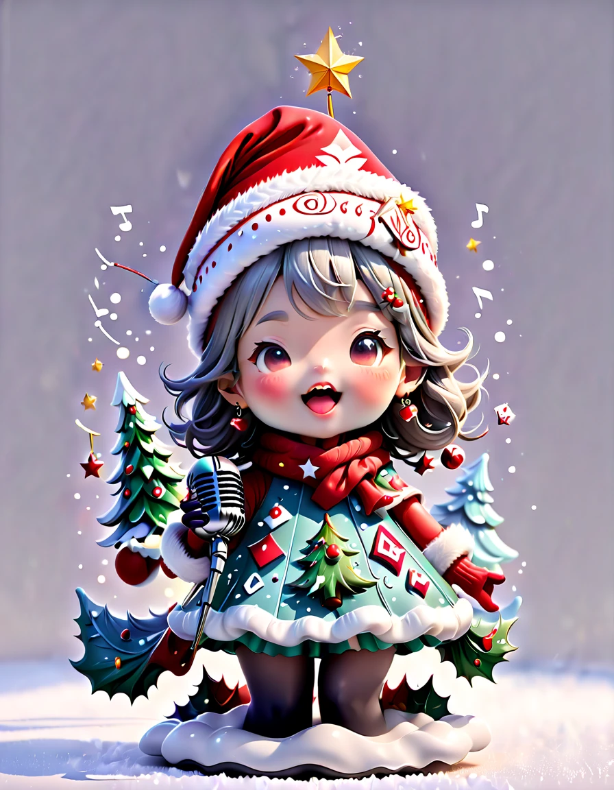 chalk gray style, ((Personification，1 glowing magical cute Christmas tree wearing a Santa hat and scarf))，((Singing with a microphone)), (((Many syllable symbols are floating in the air)))，Christmas elements，Snowy days，8K,Irridescent color, kawaii, cute big breasts, number art, high qulity, The is very detailed, 3Drenderingof，vivd colour，Minimalist style，Disney  style，translucent
