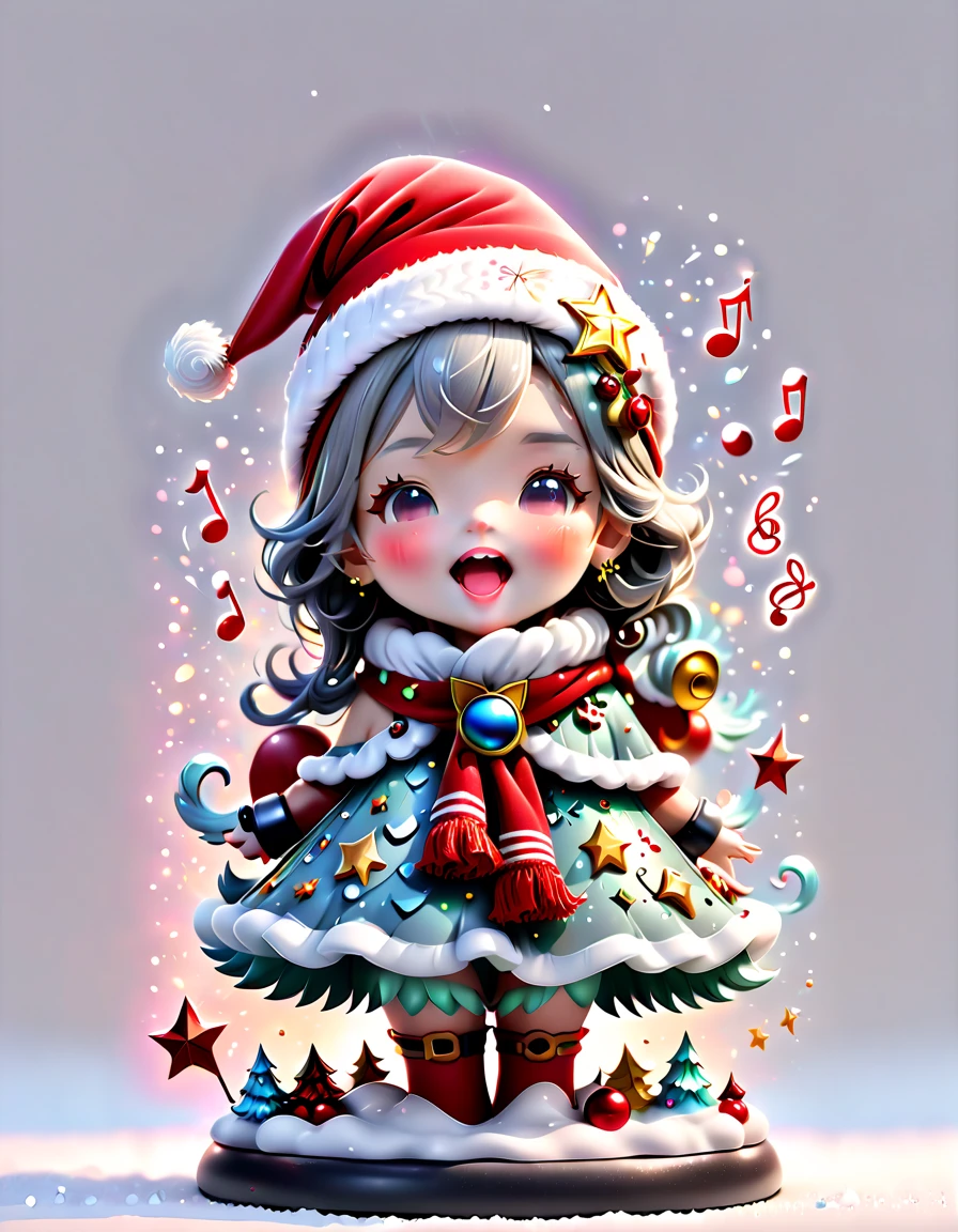 chalk gray style, ((Personification，1 glowing magical cute Christmas tree wearing a Santa hat and scarf))，((Singing with a microphone)), (((Many syllable symbols are floating in the air)))，Christmas elements，Snowy days，8K,Irridescent color, kawaii, cute big breasts, number art, high qulity, The is very detailed, 3Drenderingof，vivd colour，Minimalist style，Disney  style，translucent