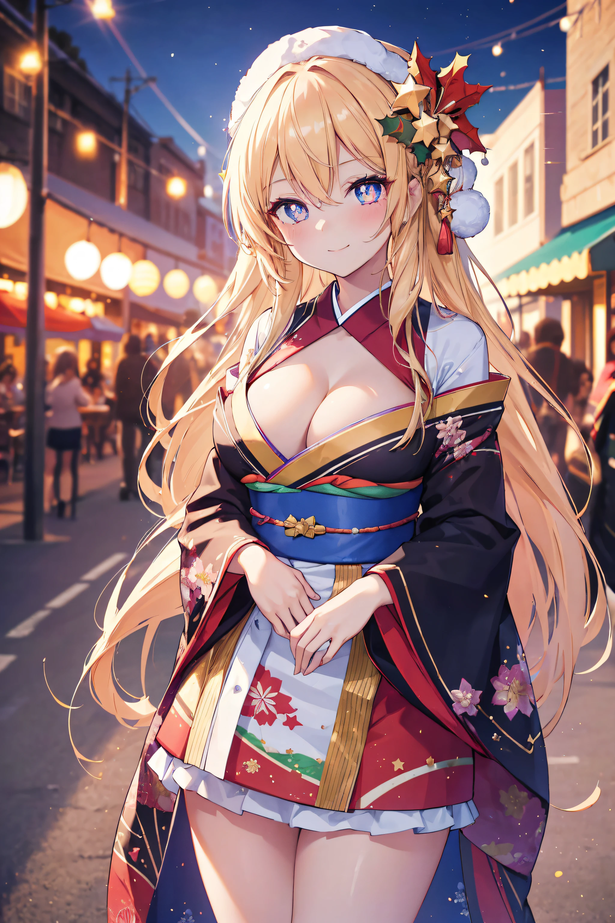 (2filles, cheveux longs élégants, Couleur, Yeux détaillés, Pupilles étincelantes, en forme d&#39;étoile chez les pupilles, âge des étudiants fille), E-brest, clivage, dans un festival de Noël, Kimono fleuri, Souriant, bouche ouverte, Abus d’éruption de lentille, aberration chromatique, détail élevé, Anime, sur l’art, profondeur de champ, Flou de mouvement, Lumière rougeoyante, grain du film, UHD, rétine, précis, Chef-dœudansre, anatomiquement correct, peau texturée, Super détail, high détails, de la haute qualité, Primé, meilleur qualité, Haute résolution, 16k
