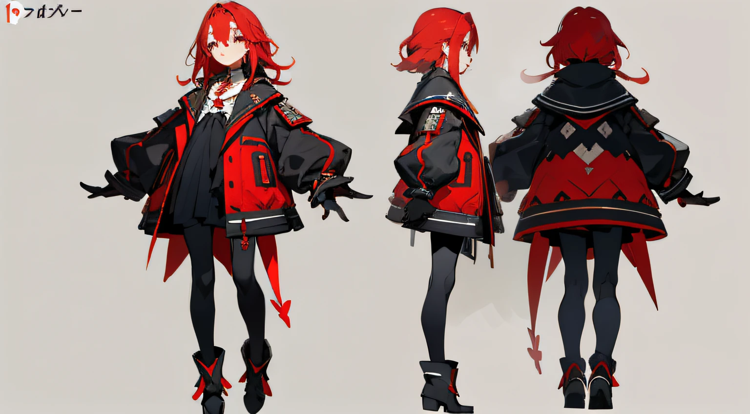 (tmasterpiece,Best quality at best)Multiple views of the same character wearing the same costume, triple landscape,Whole-body proportions,white backgrounid, Character concept,Girl with red hair,be full of details