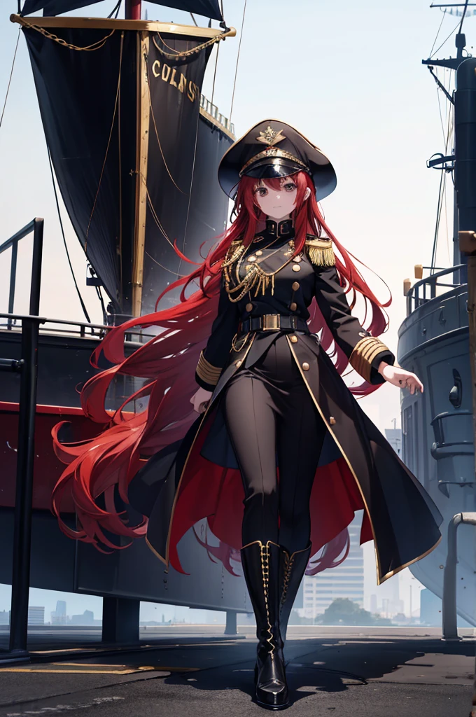 girl, long red hair, captain, black uniform, full body, black pants, gold rank insignia, long black boots, captain's hat, on ship, long black cloak, skirt