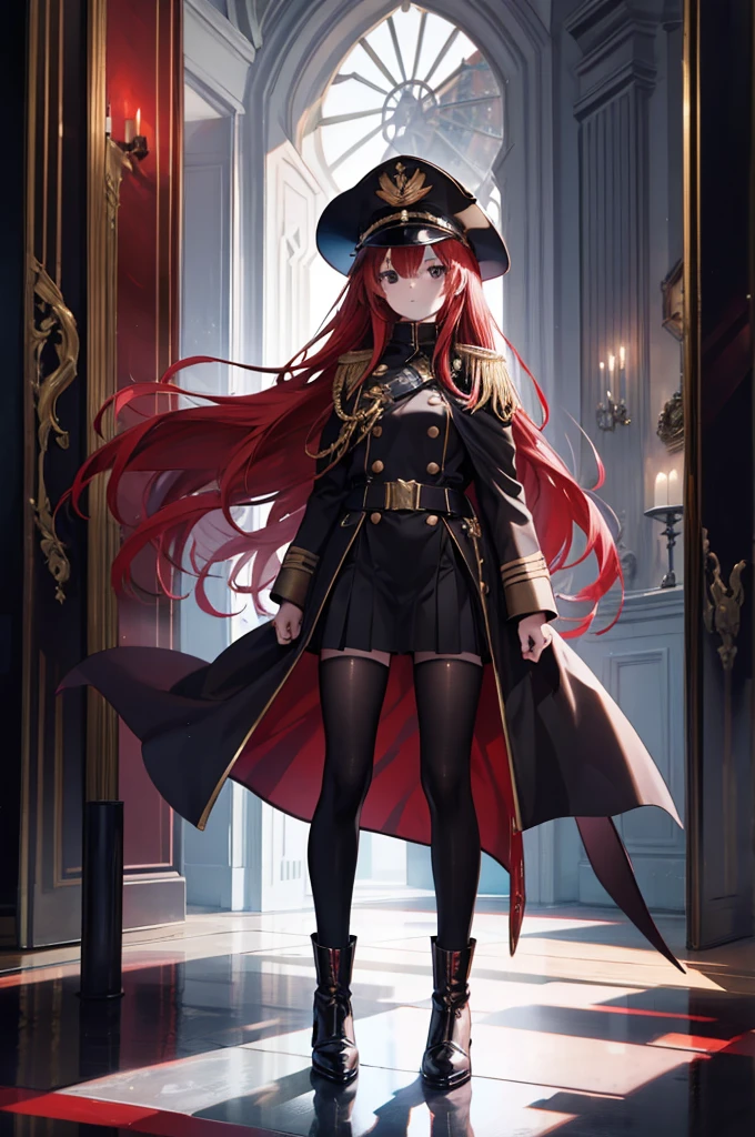 girl, long red hair, captain, black uniform, full body, black pants, gold rank insignia, long black boots, captain's hat, on ship, long black cloak, skirt