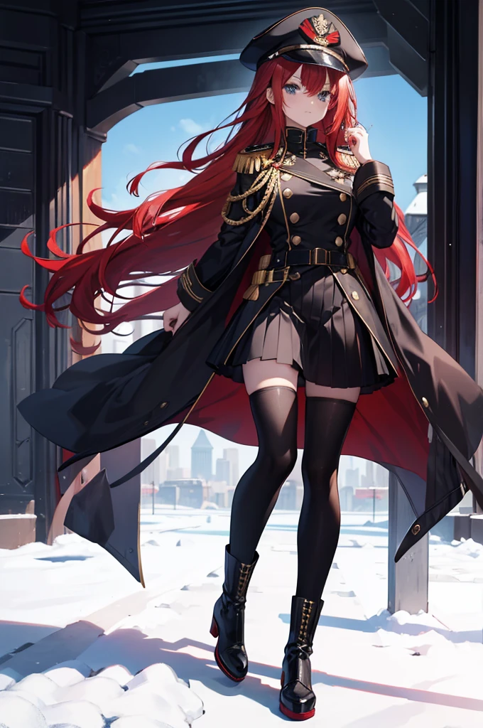 girl, long red hair, captain, black uniform, full body, black pants, gold rank insignia, long black boots, captain's hat, on ship, long black cloak, skirt