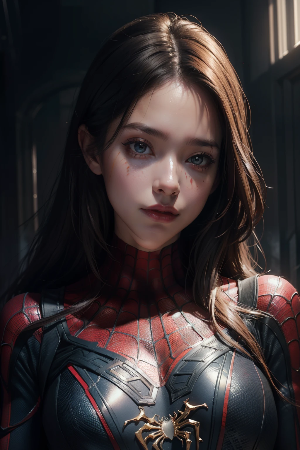 Closeup photo portrait of female Spiderman, atmospheric scene, masterpiece, best quality, (detailed beautiful face, detail skin texture, ultra-detailed body:1.1),