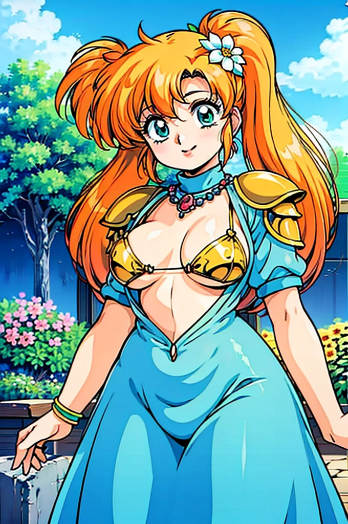 "(masterpiece:1.1), best quality, 
1girl, (80s anime style:1.3), (eyelashes:1.5), (li:1.2), 
(intricate high detailed body:1.2), 
(orange hair:1.1), (hair between eyes:1.1), (twintails, drill hair:1.2), (flower brooch, hair ornament:1.2), 
green eyes, (lip stick:1.3), 
(curvy body:1.1), (gigantic breasts:1.5), 
(light smile:1.2), 
(see-through cloth bikini armor:1.2), 
(knight armor, armored boots:1.2), (fur:1.1), (accessories:1.1), crystal necklace, 
standing, hand on hip, 
(upper body, cowboy shot, looking at viewer, from front:1.1),
daytime, outdoors"