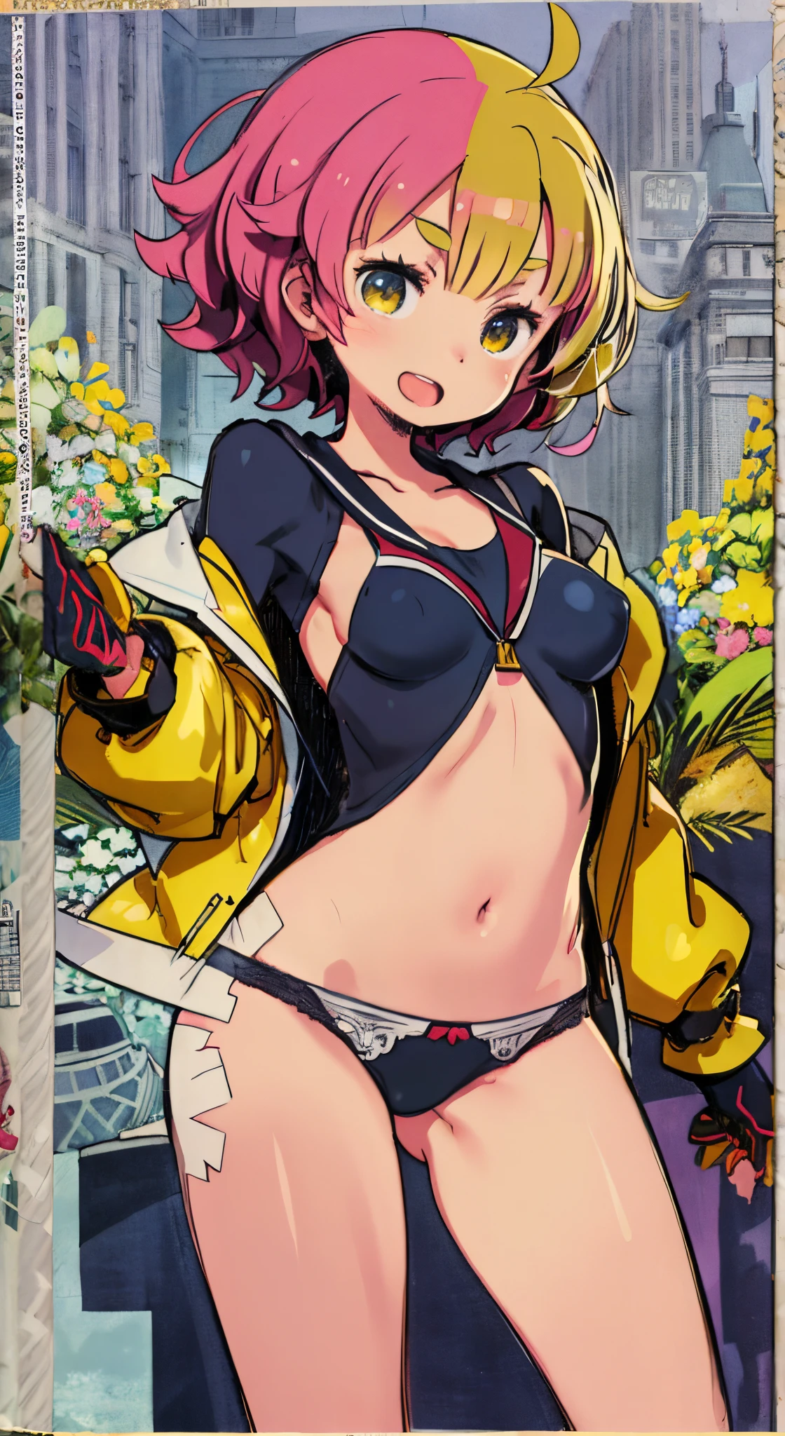(Perfect body),Best Quality,16 K、NSFW、(((((Lori)))))、((((Short stature))))、blush、(V-shaped eyebrows)、:D、embarrassed from、((((Short hair))))、(hair messy)、waved hair、Ahoge、(Yellow eyes),((A pink-haired))、Yellow goggles on the head、Yellow Hair Clip、(School uniform)、(White knee socks)、(Pink gloves)、Yellow jacket、((Nipples in light blue striped panties))、(((thick thighs)))、spreading legs、Armpits、Electronic space、