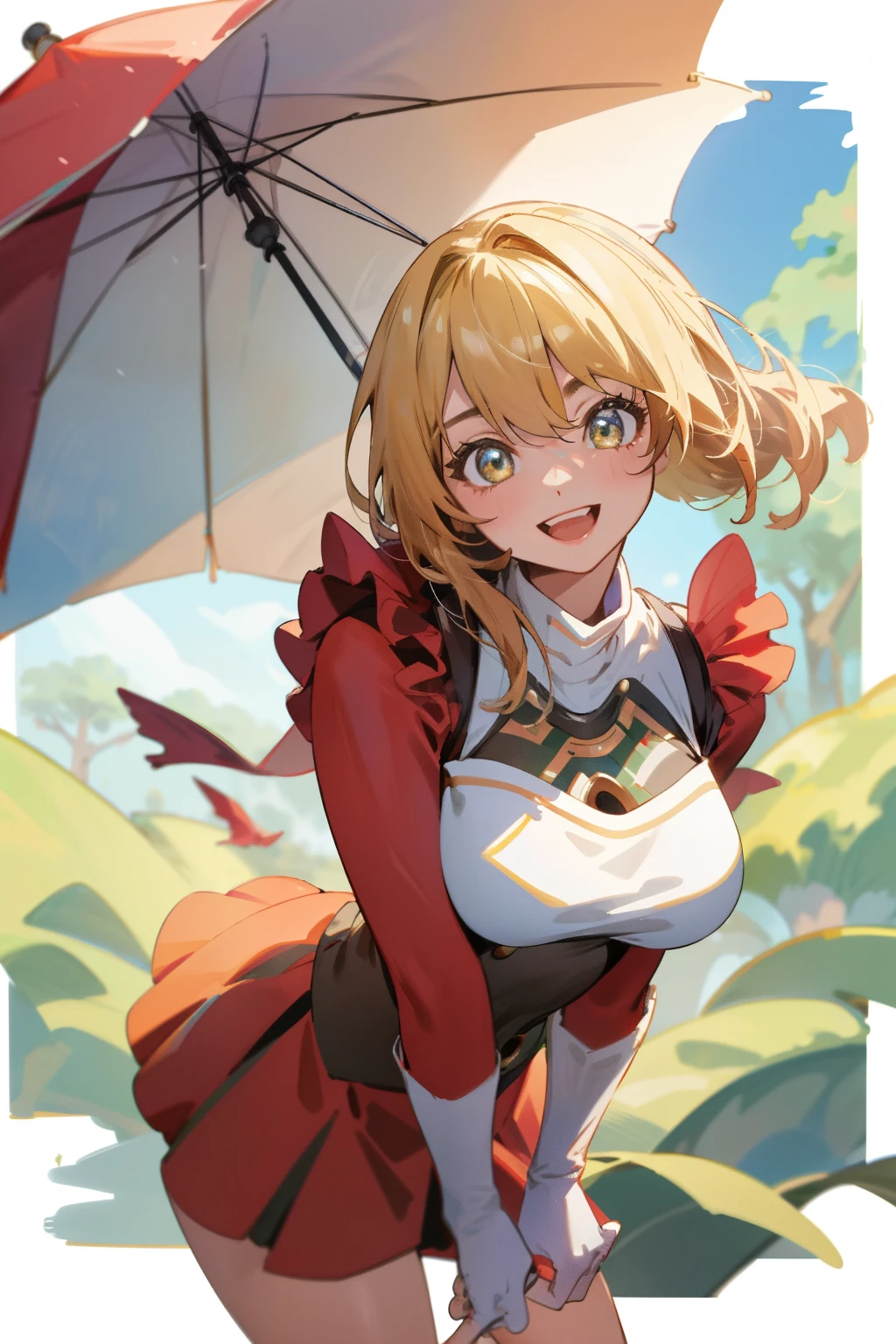 (8K、top-quality、top-quality、​masterpiece、ighly detailed: 1.2)、女の子 1 人、The upper part of the body、A woman has an (Margot Robbie) Similar to、directly in front、frontage、Looking at the camera、Facing the front、huge tit、a blond、A smile、Laughing、Grins、Cosplay、wearing a santa costume、In nature