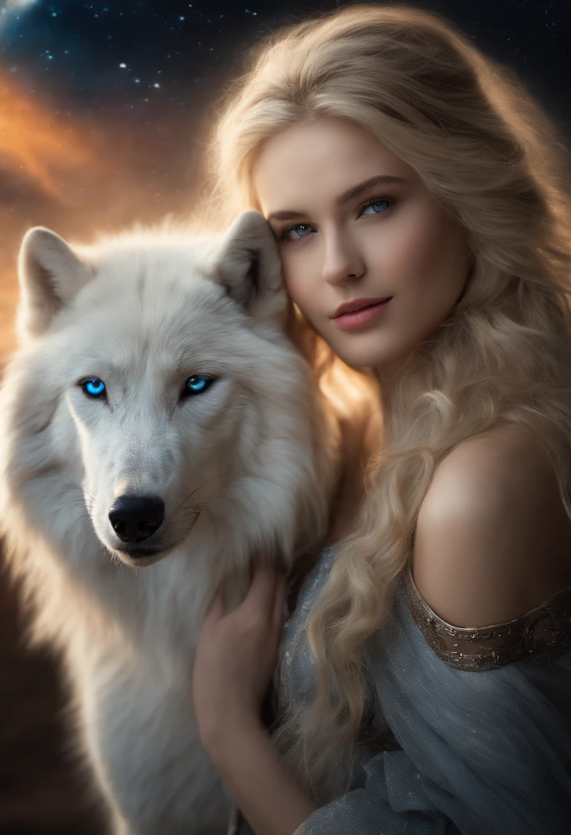 ((White wolf and girl)), (huge wolf), (huge white wolf guards a beautiful girl), movement, running, running along the milky way, blue eyes, White wolf fur glows with silver sparks, (Young girl, Very young), 16 years old, (NSFW), blue eyes, hourglass figure, large breasts, wide buttocks, blonde goddess, seductive grin, smile, beautiful face, perfect white-haired girl, lips parted, blue eyes, blonde, very long curly hair , transparent clothes, transparent air payment, Silver collar, Silver belt, Silver sandals, Contented posture, cute seductive smile, beautiful blonde, Nice young girl, Nice viewing angle, Attractive pose, Cute girl, sexy pose, gorgeous blonde, Full image height, Full-length image, ((Orion Nebula background)), Starry sky background, Two moons, Orion Nebula, milky way at feet, professional, (4k photo:1.1) in front, (sharp focus:1.3), high level of detail , cabbie (Low shirts:1.2), Beautiful detailed face, brown eyes, long blonde hair, (attractive young woman:1.3), (seductive:1.1), (Paint:1.1), (masterpiece: 1.5) (photorealistic: 1.1) (bokeh) (best quality) (Detailed skin texture, Pores, hair: 1.1) (intricate) (8K) (HDR) (Wallpaper) (cinematic lighting) (Sharp focus)