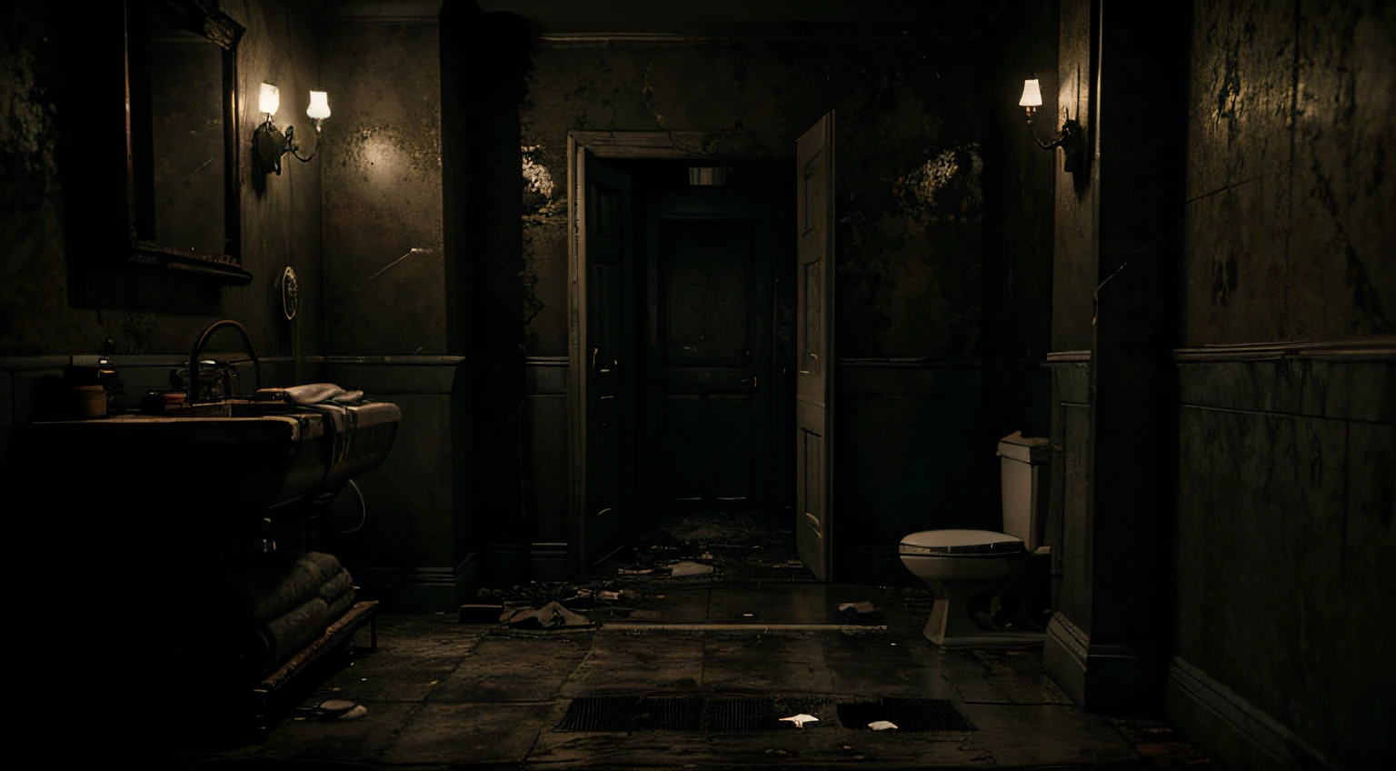 estilo antigo banheiro residente mal e sozinho no escuro, top camera framing the diagonal, atmosfera de terror e suspense, Post-apocalyptic scenario, Realistic, altamente detalhado. destroyed scenery. Tempo escuro e sombrio. Pre-rendered game scenario.