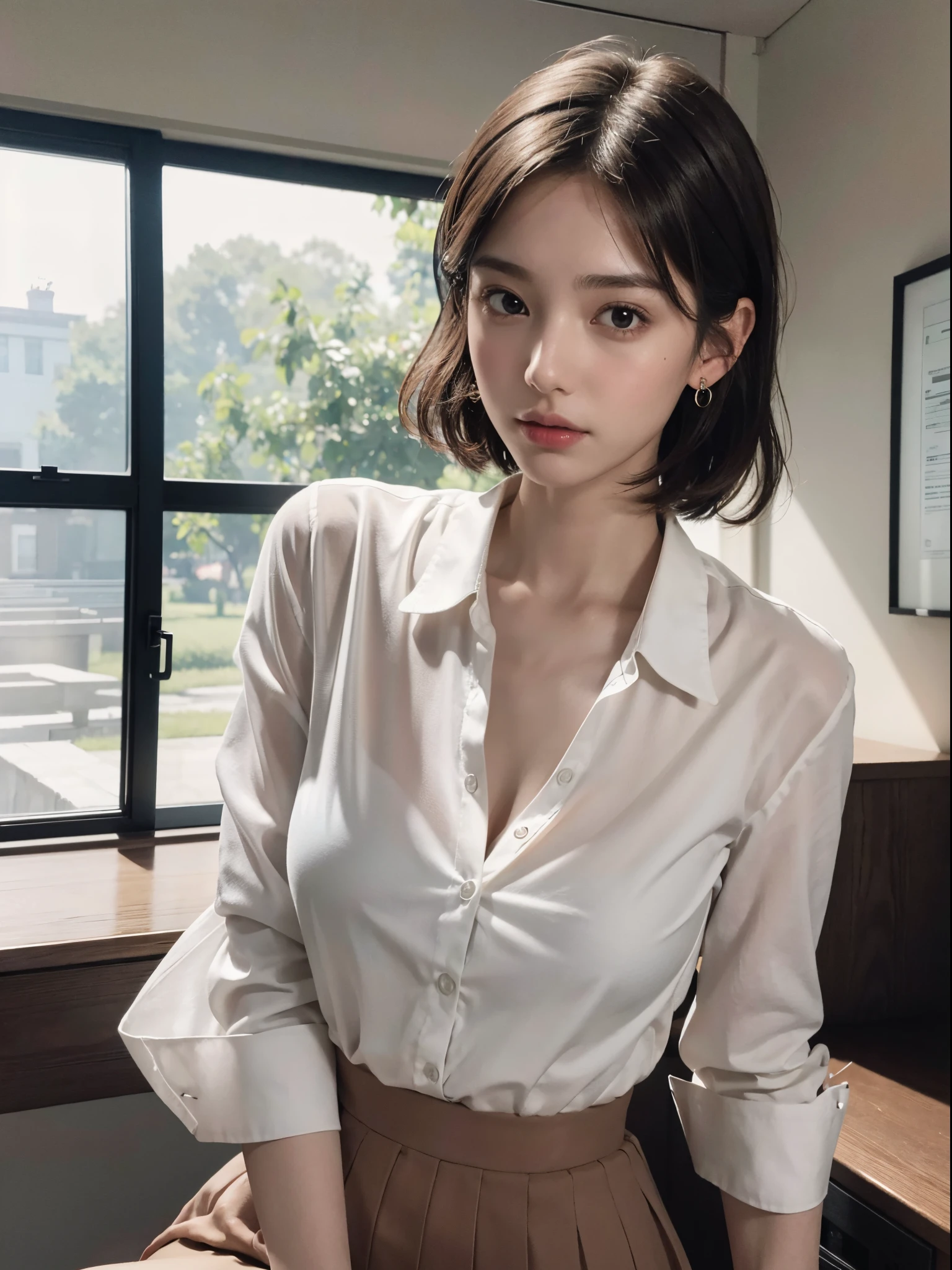 absurdres, RAW photo, extremely delicate and beautiful, masterpiece, Best Quality, ultra high resolution, 16k, hyperrealistic, ultra-detailed, perfect anatomy, super Detailed skin, perfect figure, Very detailed CG 8k wallpaper, in her 20s, very Slim body, narrow waist, very small head, very small face, delicate facial features, tearful mole, earring, thin legs, very huge round breasts, full body shot, short hair, wavy hair, light brown hair, 1 girls, sweat, school uniform, dress shirt,