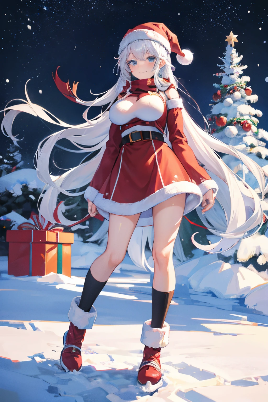 "anime girl, 1 person, silver white hair mixed with black, blue eyes, wearing headphones, Santa shirt, Santa outfit, Christmas outfit, winter outfit, red winter dress, big breasts, long socks, standing cross-legged, smiling shyly, blushing, looking sideways, cold winter, snowing, suitable for Christmas gifts, Christmas, solo(full HD Image 4K+)"