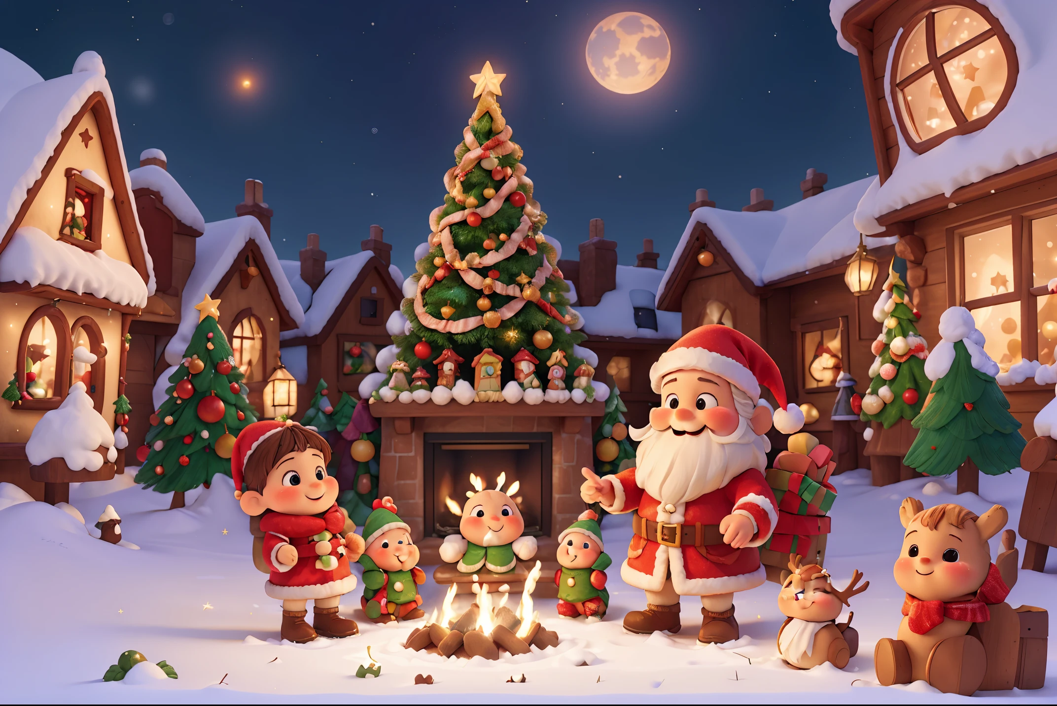 (Best quality,4K,8K,A high resolution,tmasterpiece:1.2),ultra - detailed,actual,realistically:1.37,Lovely Santa,Merry Christmas,Happy holidays,Christmas celebrations,Cute holiday design,Christmas spirit,a cheerful atmosphere,colorful adornments,festive atmosphere,warm greetings,The children'favorite holiday,Beautifully illustrated poster,Whimsical art style,Happy children opening gifts,Pine tree decorated with lights and ornaments,Sparkling snowflakes,Reindeer take flight in magical sleigh,Smiling Santa Claus delivering gifts,A magical winter wonderland,Houses and chimneys covered with snow,Gifts wrapped under the tree,Soft glowing light,Hot cocoa and cookies,carrot nose snowman,laughter and joy,the children are very excited,Ruddy cheeks,Charming Christmas Carols,Peaceful starry night,Cozy fireplace,Crackling fire,Excitement and anticipation are in the air.