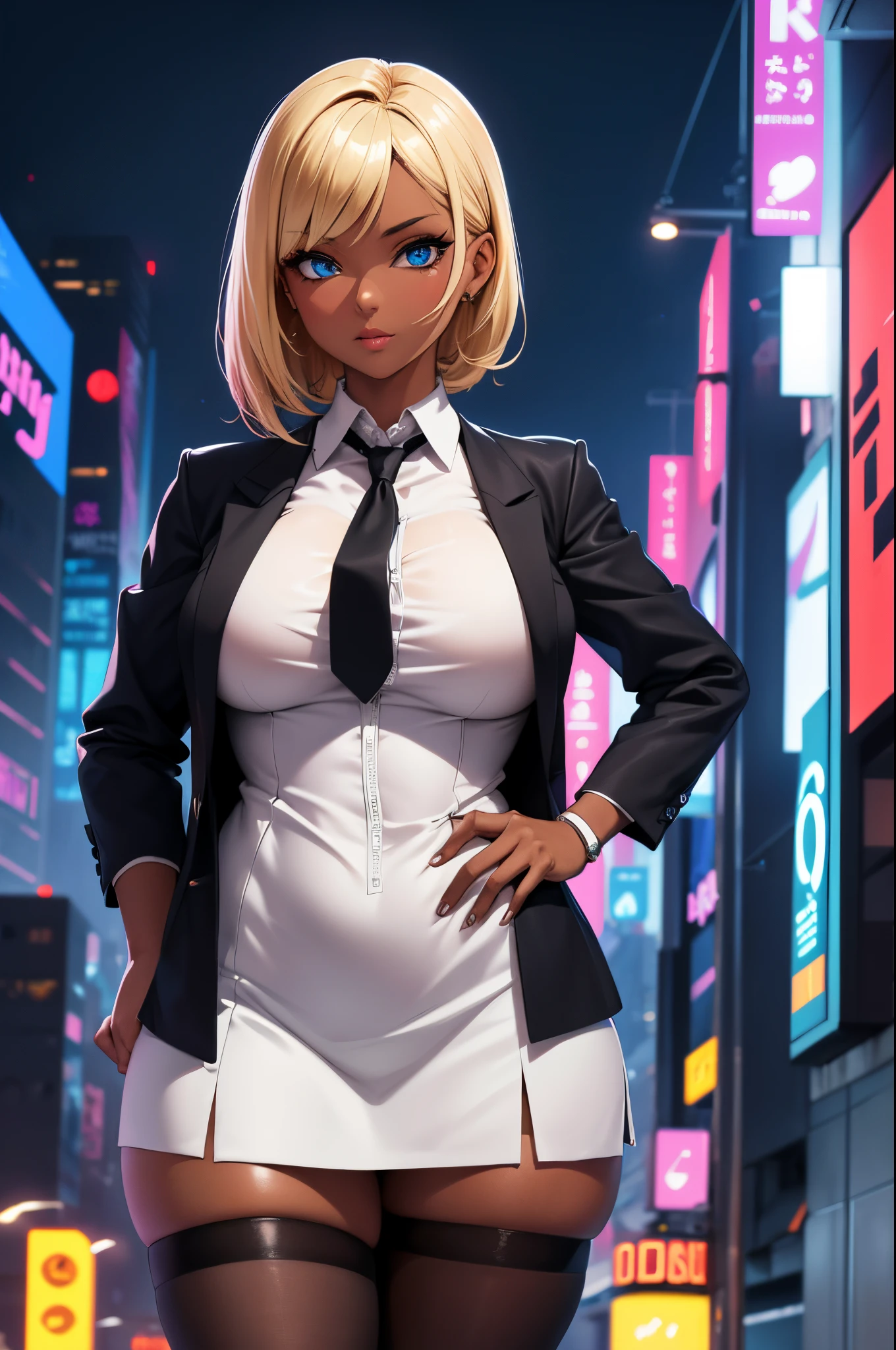 (Masterpiece, Best quality, ultra high resolution),1girl, gyaru, dark brown skinned, blue eyes, blonde hair, large breasts, thick thighs, himecut, Black office jacket, white shirt, black office skirt and black stockings, beautiful and detailed face, detailed eyes, detailed nose, cyberpunk city at night with fog and neon lights. She has her hands on her hips and is looking seductively at the camera