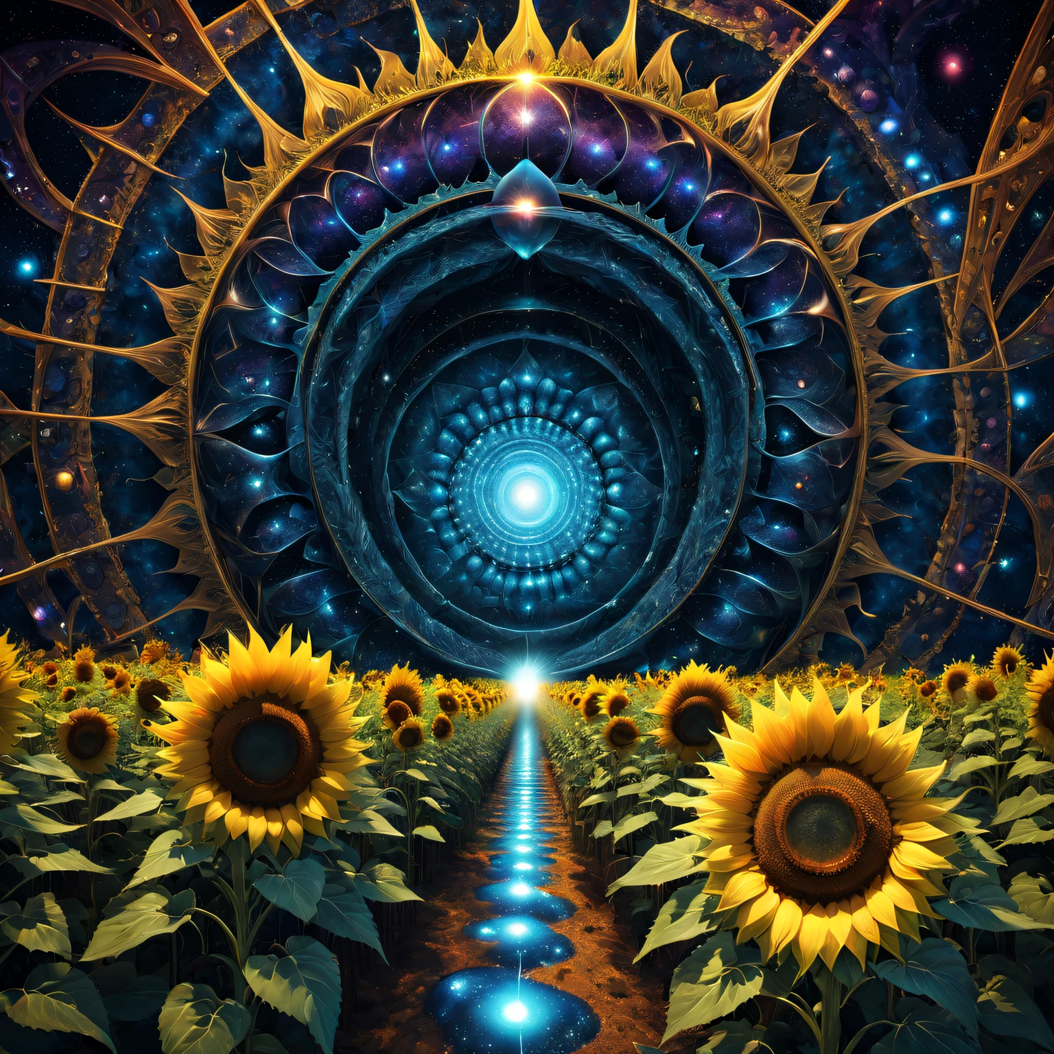 Strange geometric shapes of sunflowers,Abstract,fractal shape,vibrant with colors,ethereal lighting,The content is very detailed,Psychedelic,3Drenderingof,otherworldly landscapes,unconventional perspective,unpredictable patterns,truly a masterpiece,ultra detailed Digital art,trippy visuals,transcendent experience,cosmic energy,Astral realm,Mathematical beauty,Infinitely complex structures,mind-bending fantasy,harmonious chaos,Wonderful atmosphere,surreal dreamscape,hypnotic symmetry,Mysterious portals,Explore across dimensions,Celestial Geometry,Infinite dimensions,digital augmented reality,Spectacular ,mind-changing reality,Perceptual shift,The possibilities are endless,interconnected universe,strange beauty,evocative abstraction,Sizes blend seamlessly