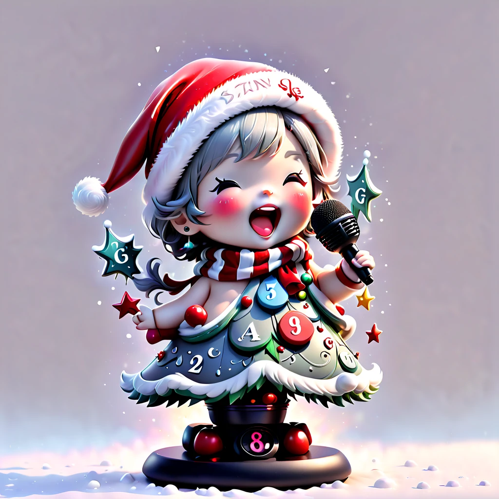 chalk gray style, ((1 glowing magical cute Christmas tree wearing a Santa hat and scarf))，((Singing with a microphone)), (((Many syllable symbols are floating in the air)))，Christmas elements，Snowy days，8K,Irridescent color, kawaii, cute big breasts, number art, high qulity, The is very detailed, 3Drenderingof，vivd colour，Minimalist style，Disney  style，translucent