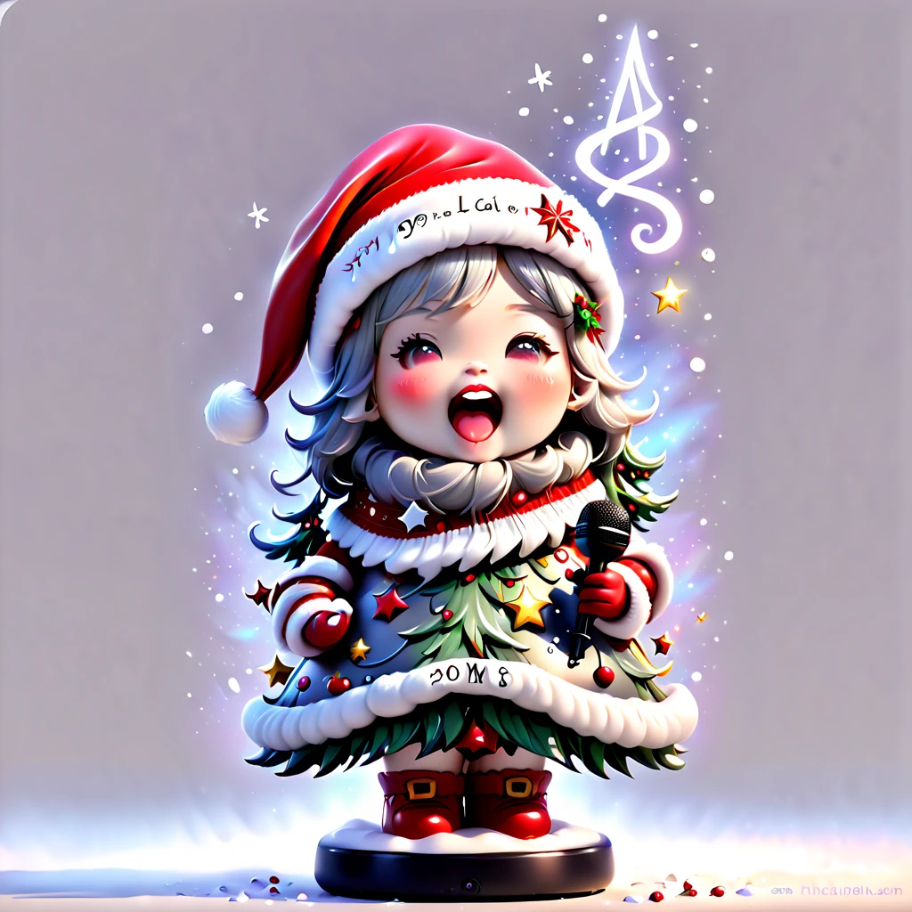 chalk gray style, ((1 glowing magical cute Christmas tree wearing a Santa hat and scarf)),((Singing with a microphone)), (((Many syllable symbols are floating in the air))),Christmas elements,Snowy days,8K,Irridescent color, kawaii, cute big breasts, number art, high qulity, The is very detailed, 3Drenderingof,vivd colour,Minimalist style,Disney style,translucent
