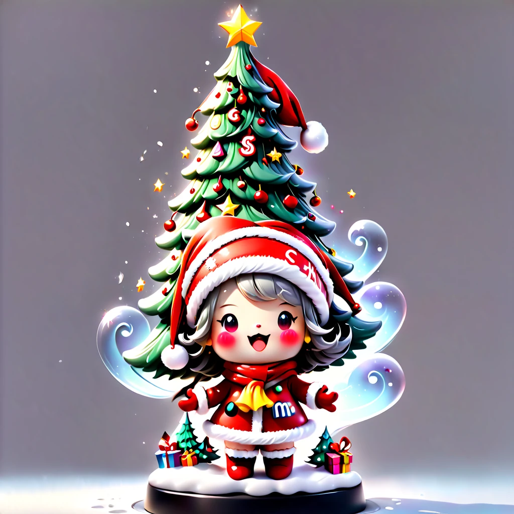 chalk gray style, ((1 glowing magical cute Christmas tree wearing a Santa hat and scarf))，((Singing with a microphone)), (((Many syllable symbols are floating in the air)))，Christmas elements，Snowy days，8K,Irridescent color, kawaii, cute big breasts, number art, high qulity, The is very detailed, 3Drenderingof，vivd colour，Minimalist style，Disney  style，translucent