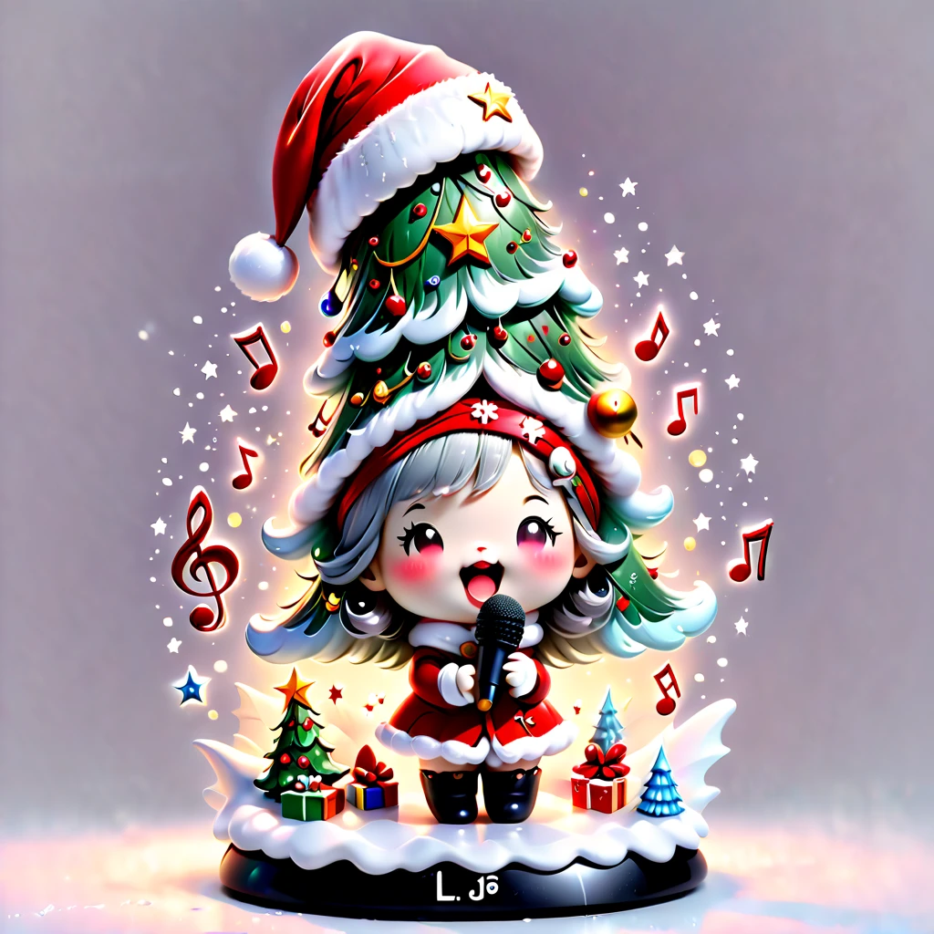 chalk gray style, ((1 glowing magical cute Christmas tree wearing a Santa hat and scarf)),((Singing with a microphone)), (((Many syllable symbols are floating in the air))),Christmas elements,Snowy days,8K,Irridescent color, kawaii, cute big breasts, number art, high qulity, The is very detailed, 3Drenderingof,vivd colour,Minimalist style,Disney style,translucent