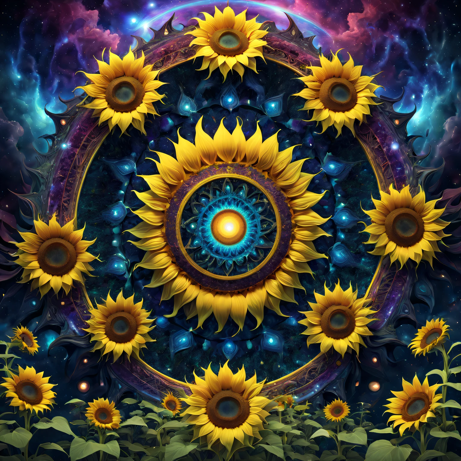Strange geometric shapes of sunflowers,Abstract,fractal shape,vibrant with colors,ethereal lighting,The content is very detailed,Psychedelic,3Drenderingof,otherworldly landscapes,unconventional perspective,unpredictable patterns,truly a masterpiece,ultra detailed Digital art,trippy visuals,transcendent experience,cosmic energy,Astral realm,Mathematical beauty,Infinitely complex structures,mind-bending fantasy,harmonious chaos,Wonderful atmosphere,surreal dreamscape,hypnotic symmetry,Mysterious portals,Explore across dimensions,Celestial Geometry,Infinite dimensions,digital augmented reality,Spectacular ,mind-changing reality,Perceptual shift,The possibilities are endless,interconnected universe,strange beauty,evocative abstraction,Sizes blend seamlessly