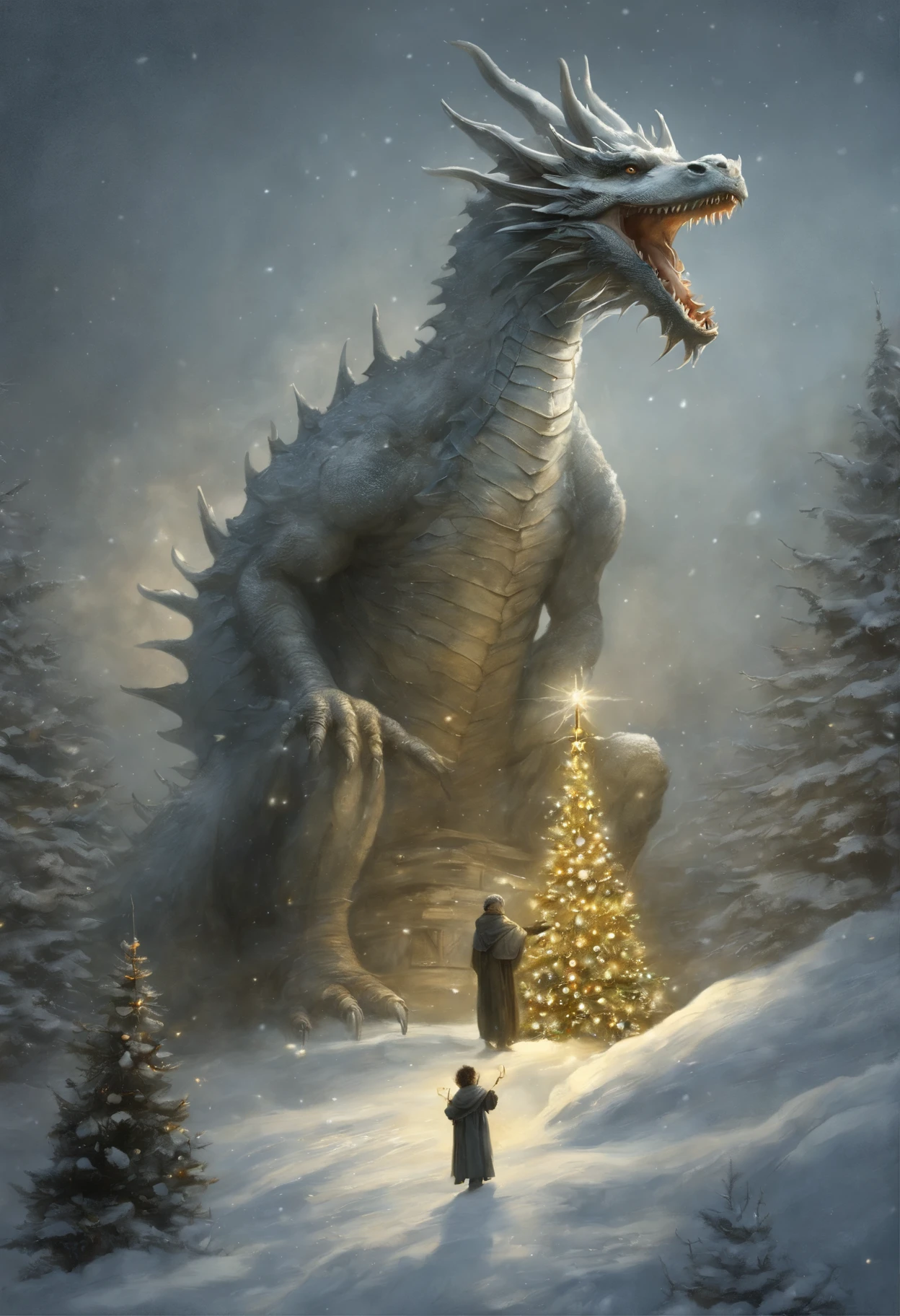 真实感, dark fantasy style, John Tolkien style, Small painting by Jean-Baptiste Monge, winter, Snow is falling, huge Elea, a huge white dragon in the center lights up a star on the Christmas tree, area,dragon hugs the Christmas tree, large white dragon with a golden crest - boy, anatomically correctly drawn body, Looks like an ancient dragon, The city, megalopolis, city trail, Big Christmas tree, glass skyscraper, Jean-Baptiste Monge, anthropomorphic --ar 2:3 --testp -optimistic;