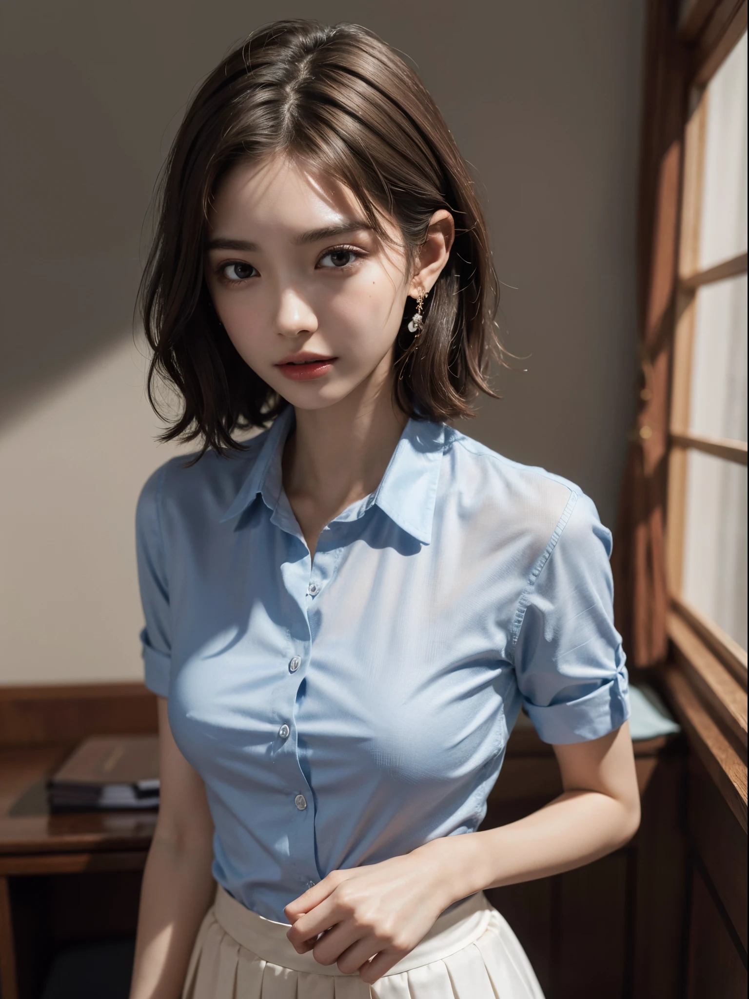 absurdres, RAW photo, extremely delicate and beautiful, masterpiece, Best Quality, ultra high resolution, 16k, hyperrealistic, ultra-detailed, perfect anatomy, super Detailed skin, perfect figure, Very detailed CG 8k wallpaper, in her 20s, very Slim body, narrow waist, very small head, very small face, delicate facial features, tearful mole, earring, thin legs, very huge round breasts, full body shot, short hair, wavy hair, light brown hair, 1 girls, sweat, school uniform, dress shirt,
