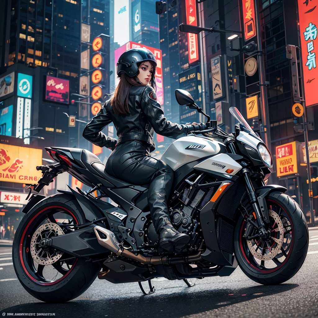 A busy cyberpunk city, with towering skyscrapers, bustling streets, and flickering neon.Sunny weather, with sunlight shining down on the city.a woman, with a neat and professional appearance.Wearing a black leather jacket and a cyberpunk-style helmet.Having a slim and athletic build.Having a focused and alert expression on their face.A futuristic motorcycle, with a sleek and aerodynamic design.Decorated with flickering neon.Having a powerful engine with a thunderous roar.A neatly packed and attractive food box.Made of high-quality materials.Containing delicious and mouth-watering food.The courier is riding their motorcycle down a busy street.The busy cyberpunk city is visible in the background.The food package is strapped to the back of the motorcycle.