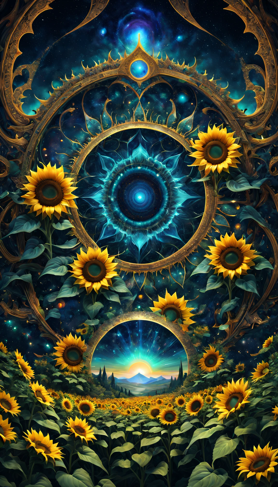 Strange geometric shapes of sunflowers,Abstract,fractal shape,vibrant with colors,ethereal lighting,The content is very detailed,Psychedelic,3Drenderingof,otherworldly landscapes,unconventional perspective,unpredictable patterns,truly a masterpiece,ultra detailed Digital art,trippy visuals,transcendent experience,cosmic energy,Astral realm,Mathematical beauty,Infinitely complex structures,mind-bending fantasy,harmonious chaos,Wonderful atmosphere,surreal dreamscape,hypnotic symmetry,Mysterious portals,Explore across dimensions,Celestial Geometry,Infinite dimensions,digital augmented reality,Spectacular ,mind-changing reality,Perceptual shift,The possibilities are endless,interconnected universe,strange beauty,evocative abstraction,Sizes blend seamlessly