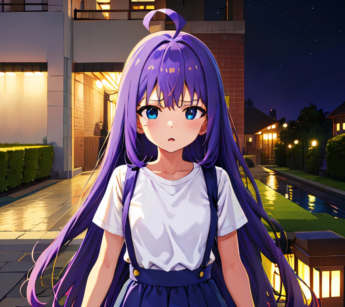 {{{{{mochizuki anna}}}}},1girl,solo,long hair,purple hair,small_ahoge,blue eyes.short stature.white t-shirts.suspenders.skirt.(((masterpiece))).(((best quality))).((ultra-detailed))).(((illustration))).night view.small Breasts.up chest