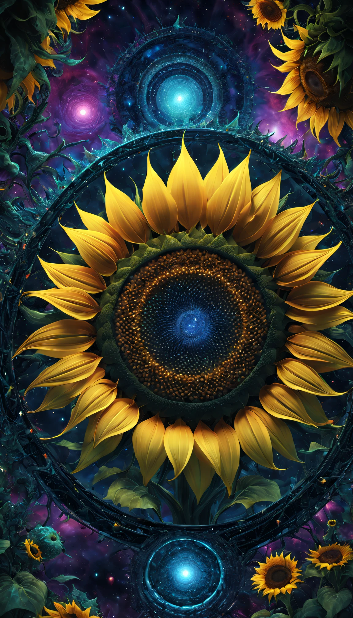 Strange geometric shapes of sunflowers,Abstract,fractal shape,vibrant with colors,ethereal lighting,The content is very detailed,Psychedelic,3Drenderingof,otherworldly landscapes,unconventional perspective,unpredictable patterns,truly a masterpiece,ultra detailed Digital art,trippy visuals,transcendent experience,cosmic energy,Astral realm,Mathematical beauty,Infinitely complex structures,mind-bending fantasy,harmonious chaos,Wonderful atmosphere,surreal dreamscape,hypnotic symmetry,Mysterious portals,Explore across dimensions,Celestial Geometry,Infinite dimensions,digital augmented reality,Spectacular ,mind-changing reality,Perceptual shift,The possibilities are endless,interconnected universe,strange beauty,evocative abstraction,Sizes blend seamlessly