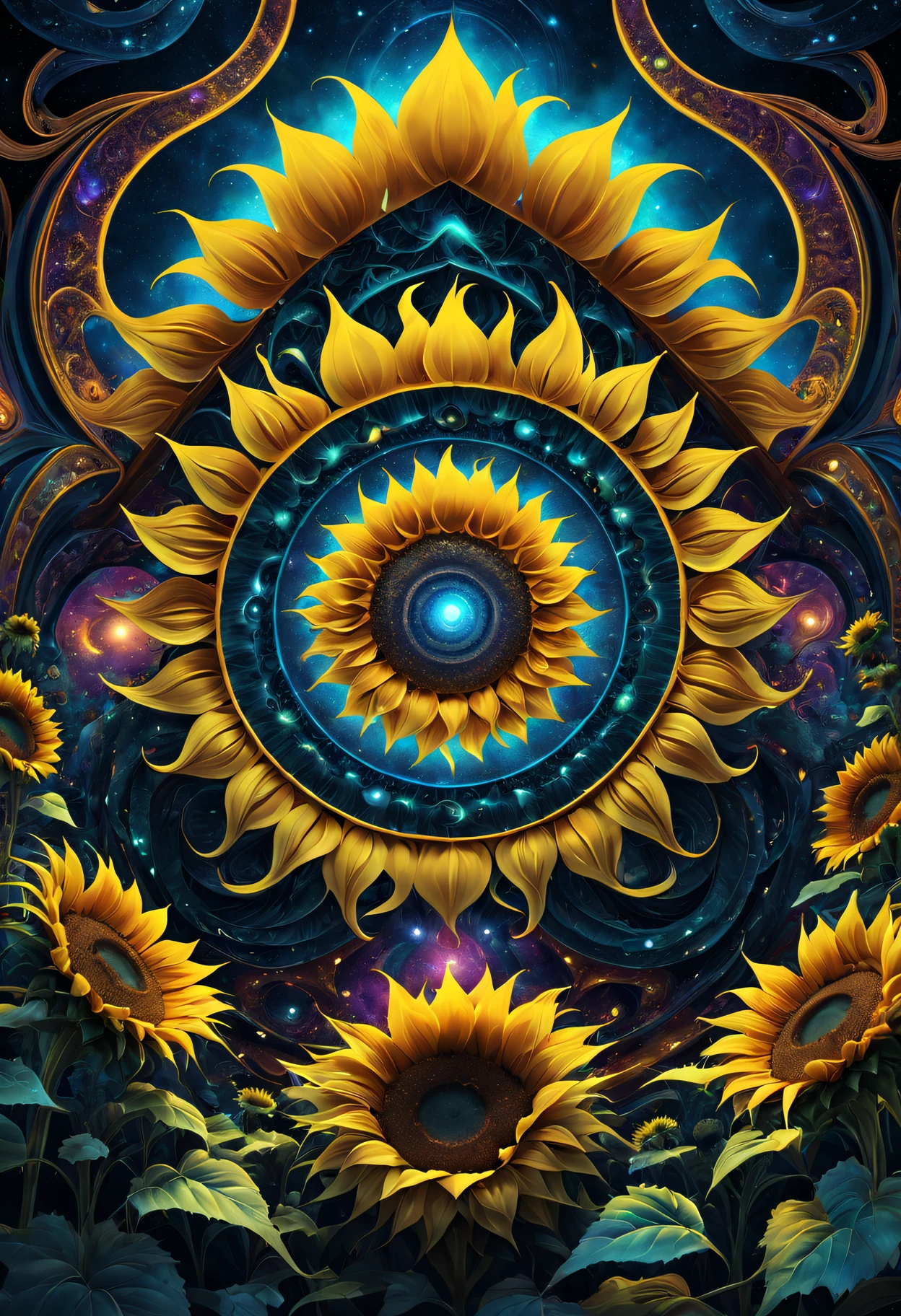 Strange geometric shapes of sunflowers,Abstract,fractal shape,vibrant with colors,ethereal lighting,The content is very detailed,Psychedelic,3Drenderingof,otherworldly landscapes,unconventional perspective,unpredictable patterns,truly a masterpiece,ultra detailed Digital art,trippy visuals,transcendent experience,cosmic energy,Astral realm,Mathematical beauty,Infinitely complex structures,mind-bending fantasy,harmonious chaos,Wonderful atmosphere,surreal dreamscape,hypnotic symmetry,Mysterious portals,Explore across dimensions,Celestial Geometry,Infinite dimensions,digital augmented reality,Spectacular ,mind-changing reality,Perceptual shift,The possibilities are endless,interconnected universe,strange beauty,evocative abstraction,Sizes blend seamlessly