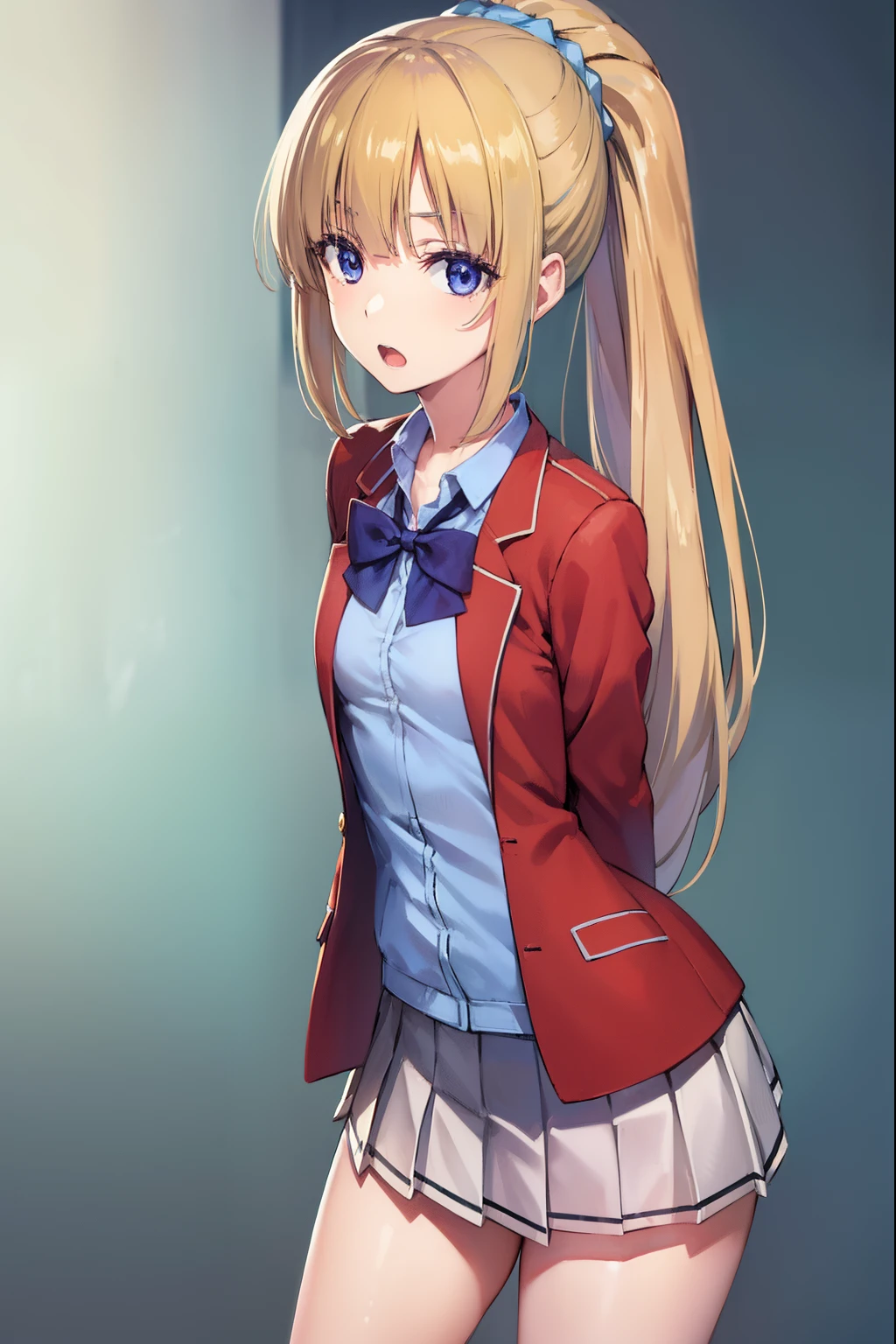 keikaruizawa, kei karuizawa, long hair, bangs, blunt bangs, (purple eyes:1.1), blonde hair, shirt, hair ornament, ponytail, scrunchie, blue scrunchie, (small breast:1.2), open mouth,
BREAK skirt, shirt, bow, school uniform, jacket, (red jacket:1.2), pleated skirt, bowtie, sweater, (blue bow:1.2), (blue shirt:1.2),
BREAK indoors, classroom,
BREAK looking at viewer, (cowboy shot:1.5),
BREAK (masterpiece:1.2), best quality, high resolution, unity 8k wallpaper, (illustration:0.8), (beautiful detailed eyes:1.6), extremely detailed face, perfect lighting, extremely detailed CG, (perfect hands, perfect anatomy),