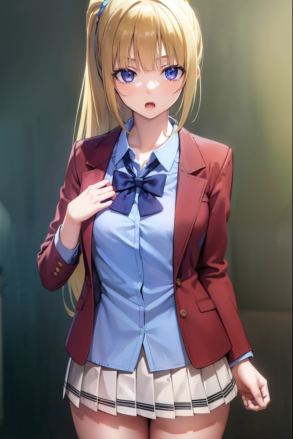 keikaruizawa, kei karuizawa, long hair, bangs, blunt bangs, (purple eyes:1.1), blonde hair, shirt, hair ornament, ponytail, scrunchie, blue scrunchie, (small breast:1.2), open mouth,
BREAK skirt, shirt, bow, school uniform, jacket, (red jacket:1.2), pleated skirt, bowtie, sweater, (blue bow:1.2), (blue shirt:1.2),
BREAK indoors, classroom,
BREAK looking at viewer, (cowboy shot:1.5),
BREAK (masterpiece:1.2), best quality, high resolution, unity 8k wallpaper, (illustration:0.8), (beautiful detailed eyes:1.6), extremely detailed face, perfect lighting, extremely detailed CG, (perfect hands, perfect anatomy),