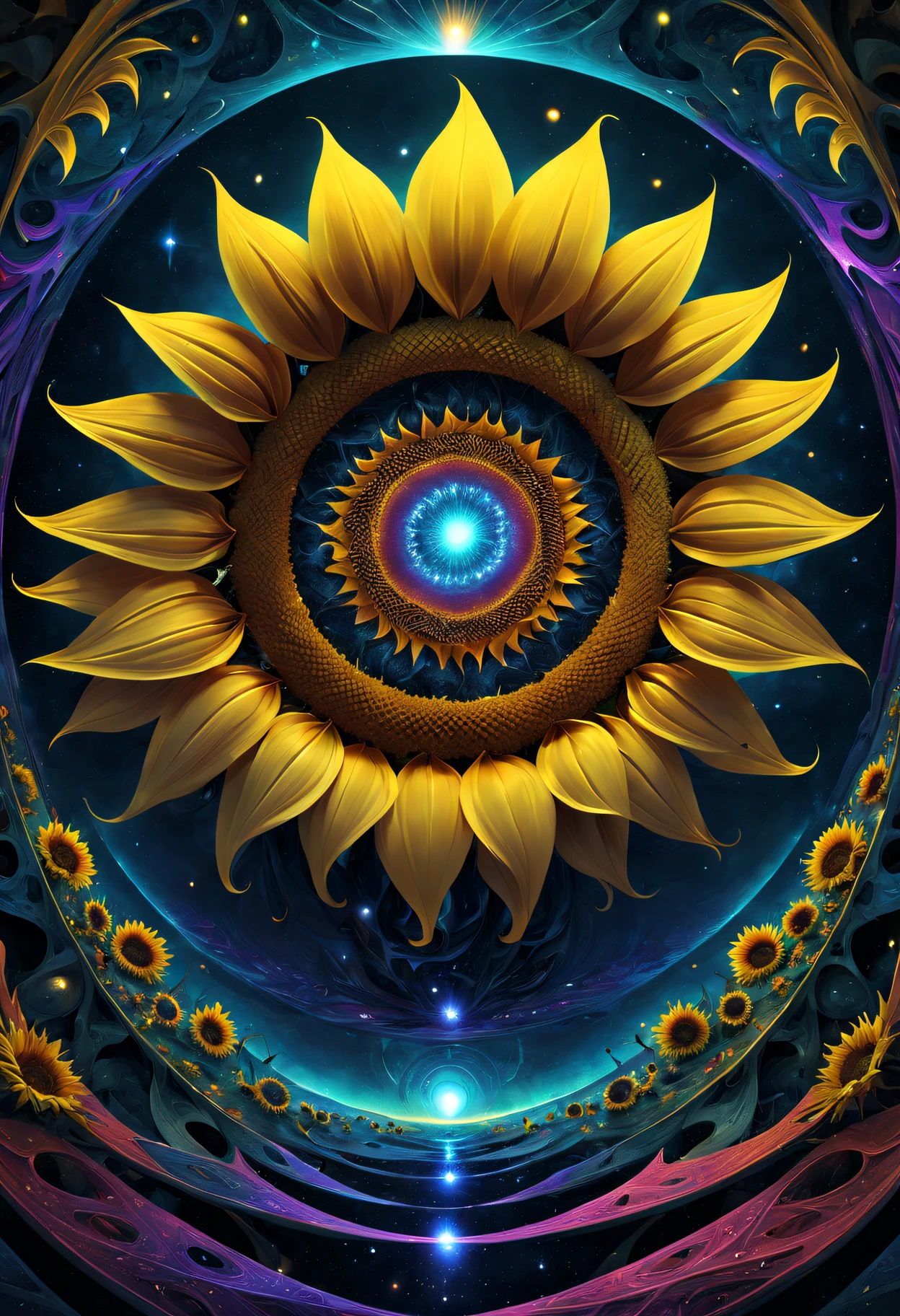 Strange geometric shapes of sunflowers,Abstract,fractal shape,vibrant with colors,ethereal lighting,The content is very detailed,Psychedelic,3Drenderingof,otherworldly landscapes,unconventional perspective,unpredictable patterns,truly a masterpiece,ultra detailed Digital art,trippy visuals,transcendent experience,cosmic energy,Astral realm,Mathematical beauty,Infinitely complex structures,mind-bending fantasy,harmonious chaos,Wonderful atmosphere,surreal dreamscape,hypnotic symmetry,Mysterious portals,Explore across dimensions,Celestial Geometry,Infinite dimensions,digital augmented reality,Spectacular ,mind-changing reality,Perceptual shift,The possibilities are endless,interconnected universe,strange beauty,evocative abstraction,Sizes blend seamlessly