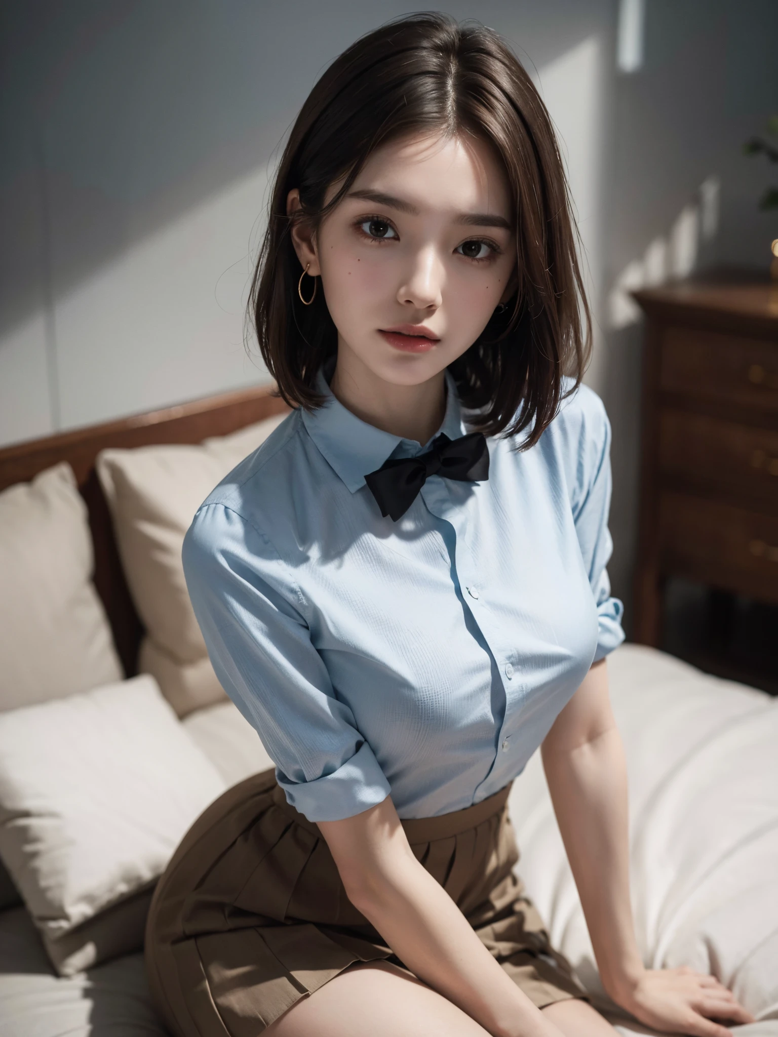 ((Best quality, 8k, Masterpiece: 1.3, raw photo)), Sharp focus: 1.2, (1 aespa girl: 1.2), (realistic, photo-realistic:1.37), (face focus: 1.1), cute face, kindness, small breasts, flat chest, short messy hair, sitting, spread legs, white summer casual shirt, she is rolling up her skirt, showing panties, classroom, sunlight, cinematic lighting