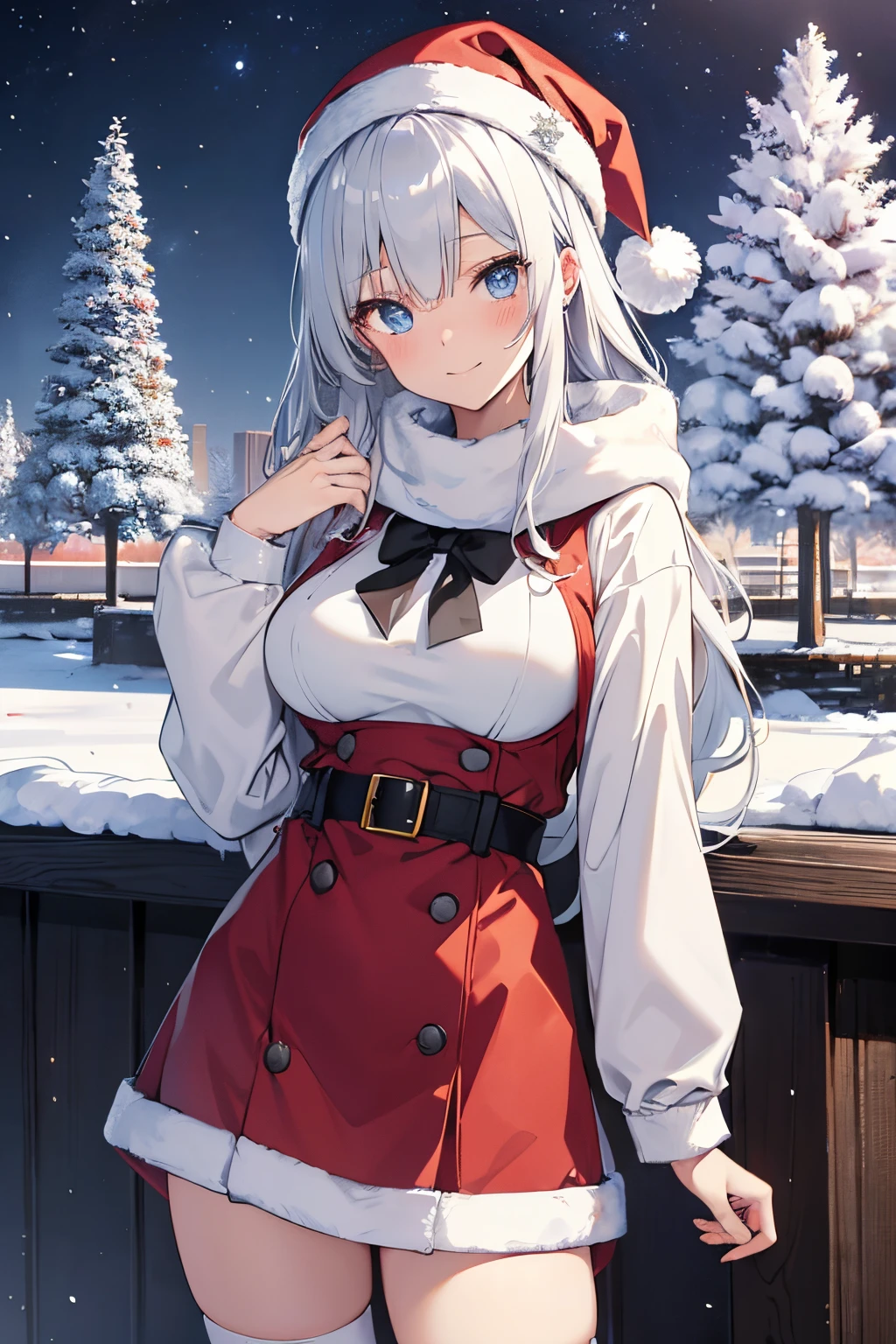 "anime girl, 1 person, silver white hair mixed with black, blue eyes, wearing headphones, Santa shirt, Santa outfit, Christmas outfit, winter outfit, red winter dress, big breasts, long socks, standing cross-legged, smiling shyly, blushing, looking sideways, cold winter, snowing, suitable for Christmas gifts, Christmas, solo(full HD Image 4K+)"