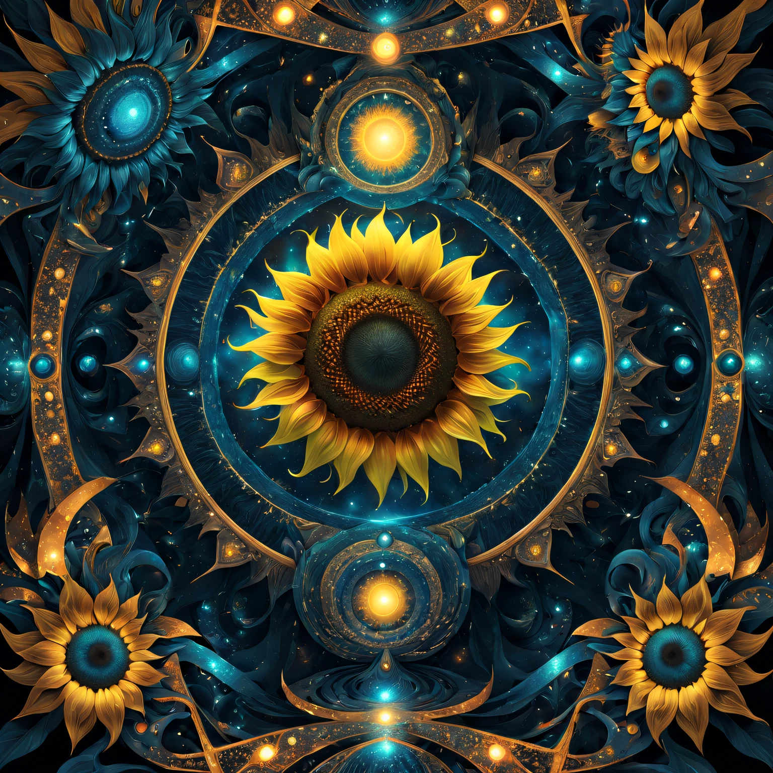 Strange geometric shapes of sunflowers,Abstract,fractal shape,vibrant with colors,ethereal lighting,The content is very detailed,Psychedelic,3Drenderingof,otherworldly landscapes,unconventional perspective,unpredictable patterns,truly a masterpiece,ultra detailed Digital art,trippy visuals,transcendent experience,cosmic energy,Astral realm,Mathematical beauty,Infinitely complex structures,mind-bending fantasy,harmonious chaos,Wonderful atmosphere,surreal dreamscape,hypnotic symmetry,Mysterious portals,Explore across dimensions,Celestial Geometry,Infinite dimensions,digital augmented reality,Spectacular ,mind-changing reality,Perceptual shift,The possibilities are endless,interconnected universe,strange beauty,evocative abstraction,Sizes blend seamlessly