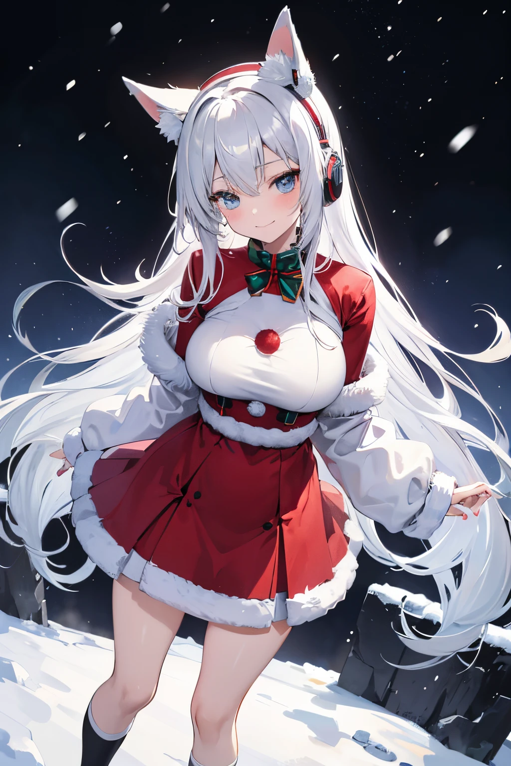 "anime girl, 1 person, silver white hair mixed with black, blue eyes, wearing headphones, Santa shirt, Santa outfit, Christmas outfit, winter outfit, red winter dress, big breasts,  long socks, standing cross-legged, smiling shyly, blushing, looking sideways, cold winter, snowing, suitable for Christmas gifts, Christmas, solo(full HD Image 4K+)"