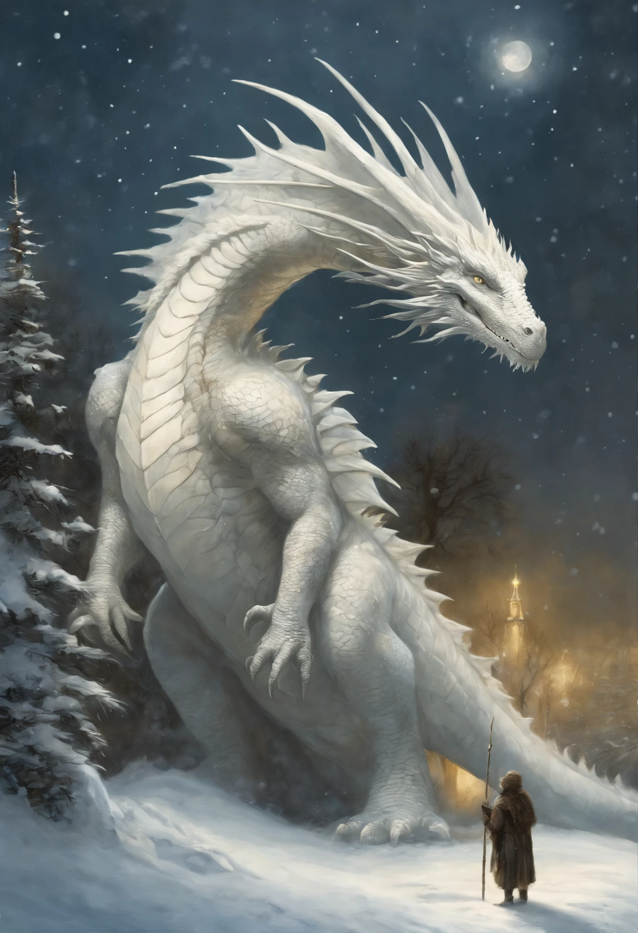 真实感, dark fantasy style, John Tolkien style, Small painting by Jean-Baptiste Monge, winter, Snow is falling, huge Christmas tree, a huge white dragon in the center lights up a star on the Christmas tree, area,dragon hugs the Christmas tree, large white dragon with a golden crest - boy, anatomically correctly drawn body, Looks like an ancient dragon, The city, megalopolis, city trail, Big Christmas tree, glass skyscraper, Jean-Baptiste Monge, anthropomorphic --ar 2:3 --testp -optimistic;