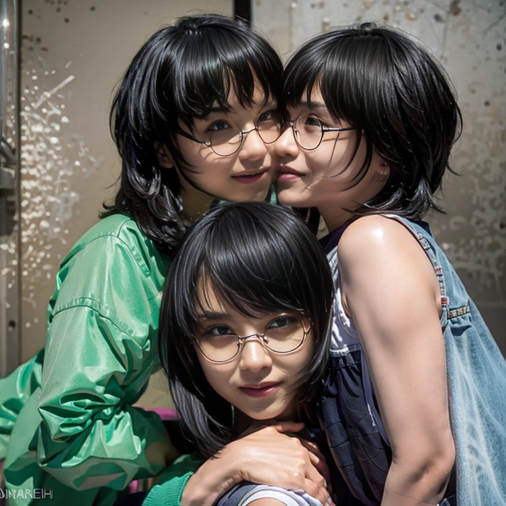 Raw photo、((3girls)),Open eyes、Three women kissing and loving each other、The same face、A dark-haired、a smile、same person、(lesbian orgy)