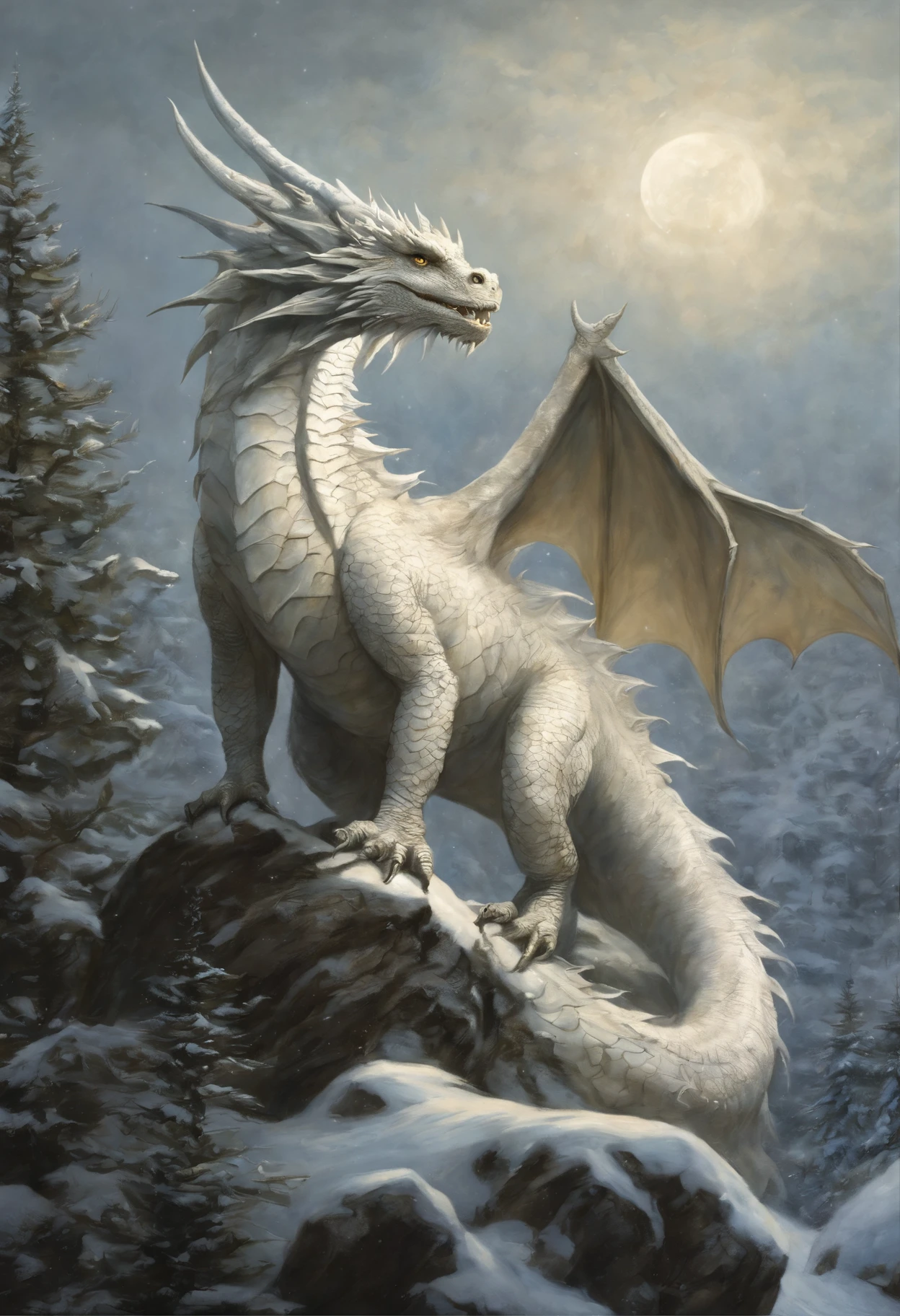 真实感, dark fantasy style, John Tolkien style, Small painting by Jean-Baptiste Monge, winter, Snow is falling, huge Christmas tree, a huge white dragon in the center lights up a star on the Christmas tree, area,dragon hugs the Christmas tree, large white dragon with a golden crest - boy, anatomically correctly drawn body, Looks like an ancient dragon, The city, megalopolis, city trail, Big Christmas tree, glass skyscraper, Jean-Baptiste Monge, anthropomorphic --ar 2:3 --testp -optimistic;