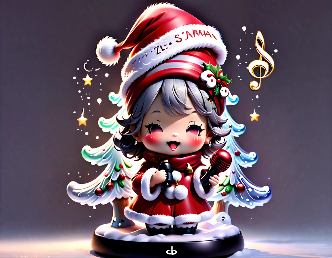 chalk gray style, ((1 glowing magical cute Christmas tree wearing a Santa hat and scarf))，((Singing with a microphone)), (((Many syllable symbols are floating in the air)))，Christmas elements，Snowy days，8K,Irridescent color, kawaii, cute big breasts, number art, high qulity, The is very detailed, 3Drenderingof，vivd colour，Minimalist style，Disney  style，translucent