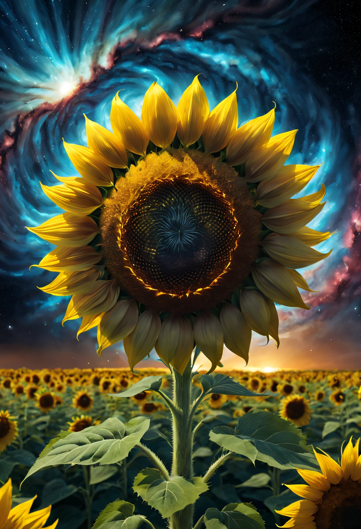 sunflower god, the almighty creator of the entire universe, Larger than all galaxies, Ultra-detailed graphic representation of giant energy clouds in the middle of the universe, Super sharp, hyper realisitc, iintricate, 32K, Realisticstyle