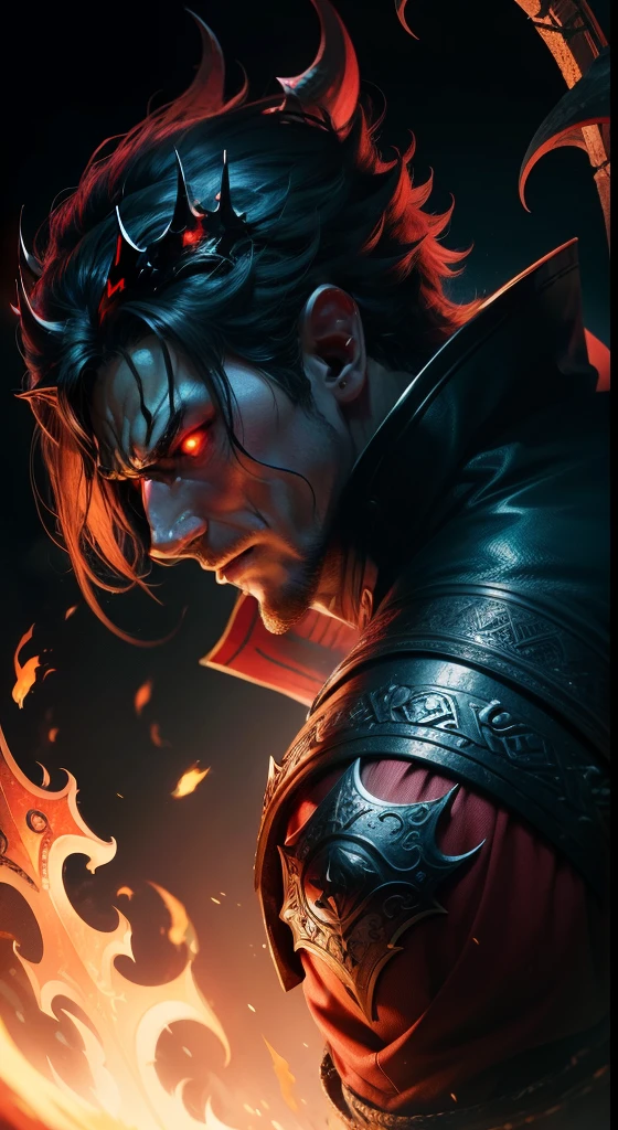(raven, mage, russian prince), neon red, smoke, fire, flames, dripping, blood