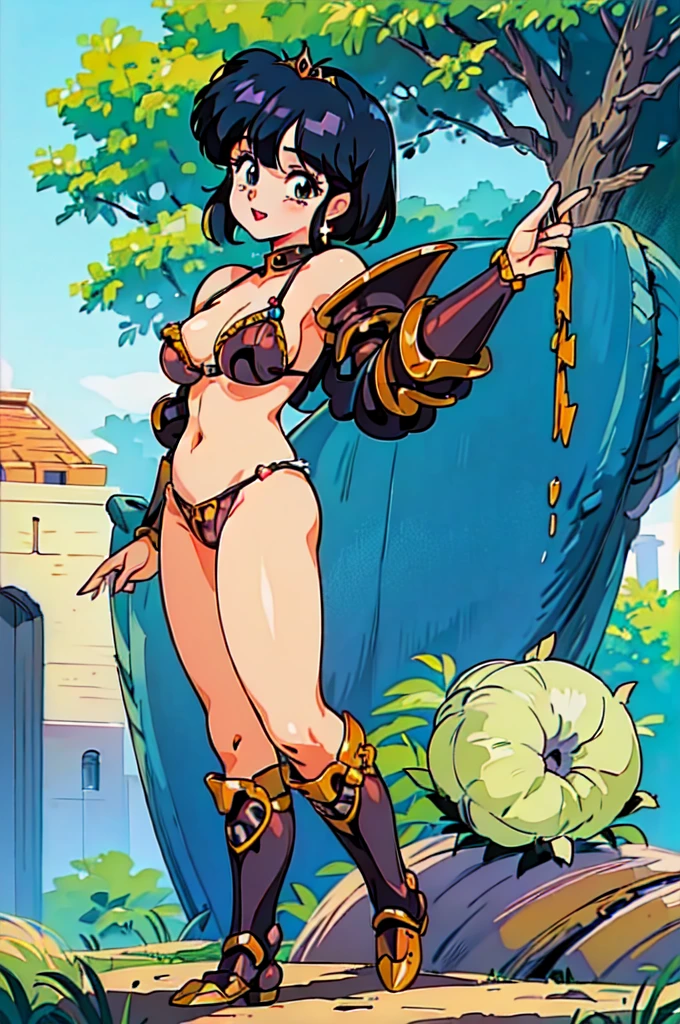 "(masterpiece:1.1), best quality,
1girl, (80s anime style:1.3), (eyelashes:1.5), (:1.2),
(intricate high detailed body:1.2),
(black hair:1.1), (bangs:1.1), (short hair, french braid:1.1), (tiara:1.2),
green eyes, (red lip stick:1.3),
(gigantic breasts:1.5),
(grin:1.2), open mouth,
(string bikini armor:1.2),
(spiked knight armor, armored boots:1.2), (frill:1.1), (hoop earrings:1.1), sleeve,
standing, leaning forward,
(upper body, cowboy shot, looking at viewer, from front:1.1),
daytime, outdoors"