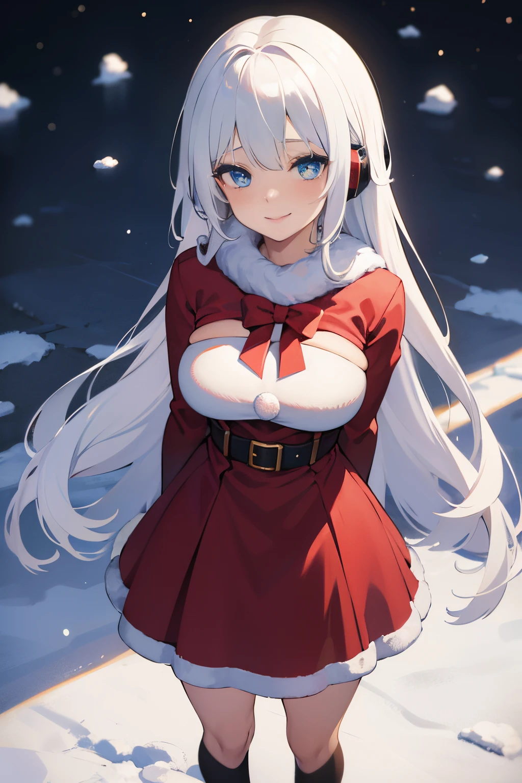 "anime girl, 1 person, silver white hair mixed with black, blue eyes, wearing headphones, Santa shirt, Santa outfit, Christmas outfit, winter outfit, red winter dress, big breasts, long socks, standing cross-legged, smiling shyly, blushing, looking sideways, cold winter, snowing, suitable for Christmas gifts, Christmas, solo(full HD Image 4K+)"