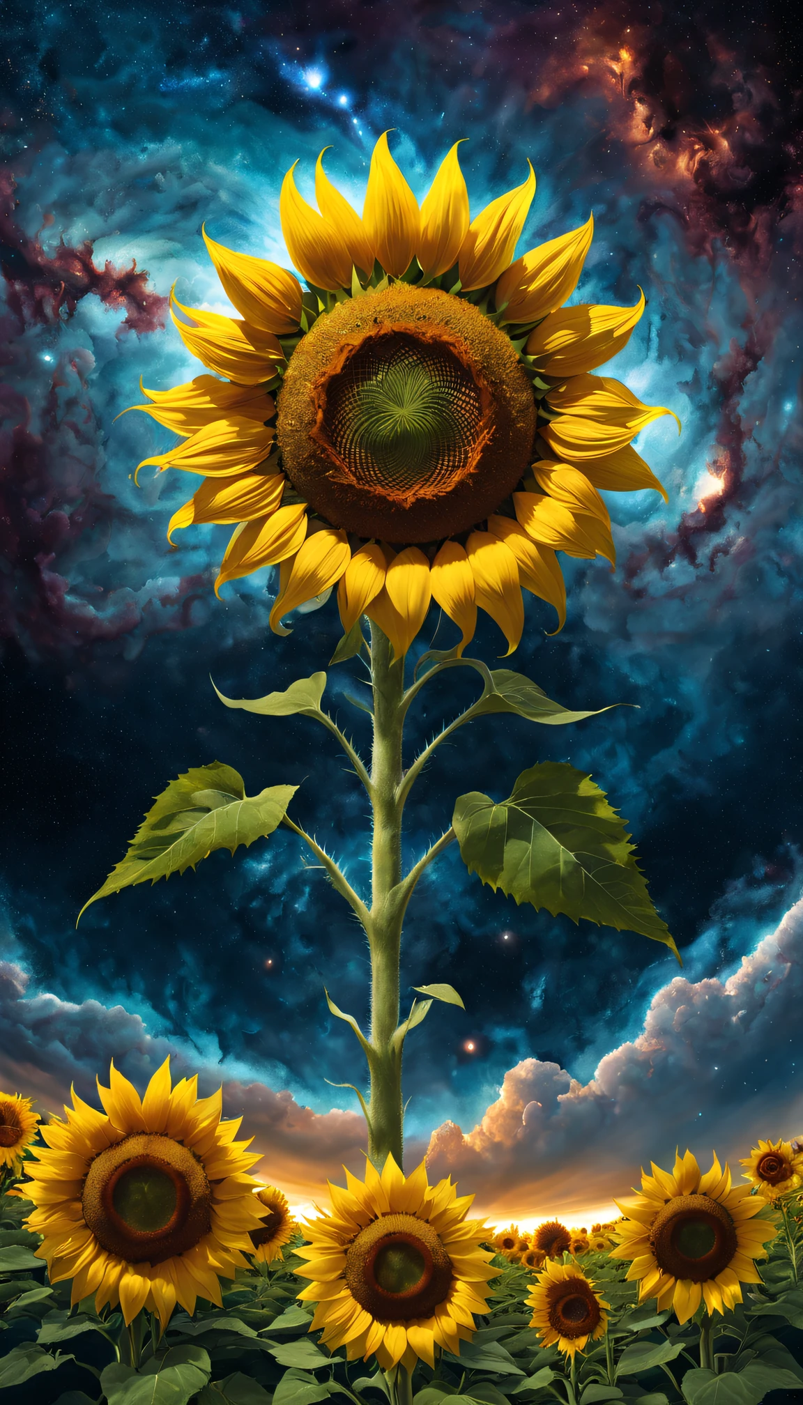 sunflower god, the almighty creator of the entire universe, Larger than all galaxies, Ultra-detailed graphic representation of giant energy clouds in the middle of the universe, Super sharp, hyper realisitc, iintricate, 32K, Realisticstyle