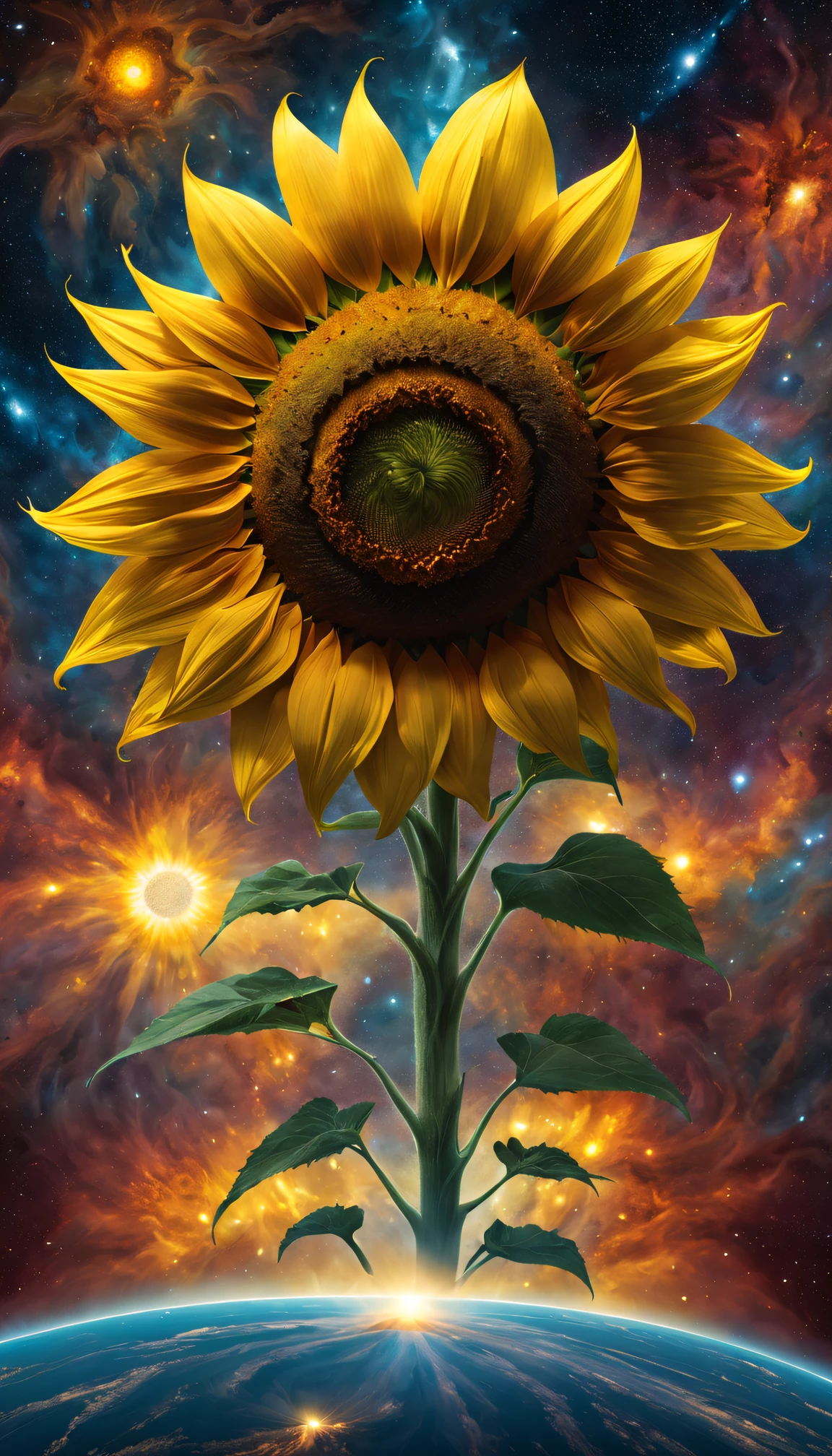 sunflower god, the almighty creator of the entire universe, Larger than all galaxies, Ultra-detailed graphic representation of giant energy clouds in the middle of the universe, Super sharp, hyper realisitc, iintricate, 32K, Realisticstyle