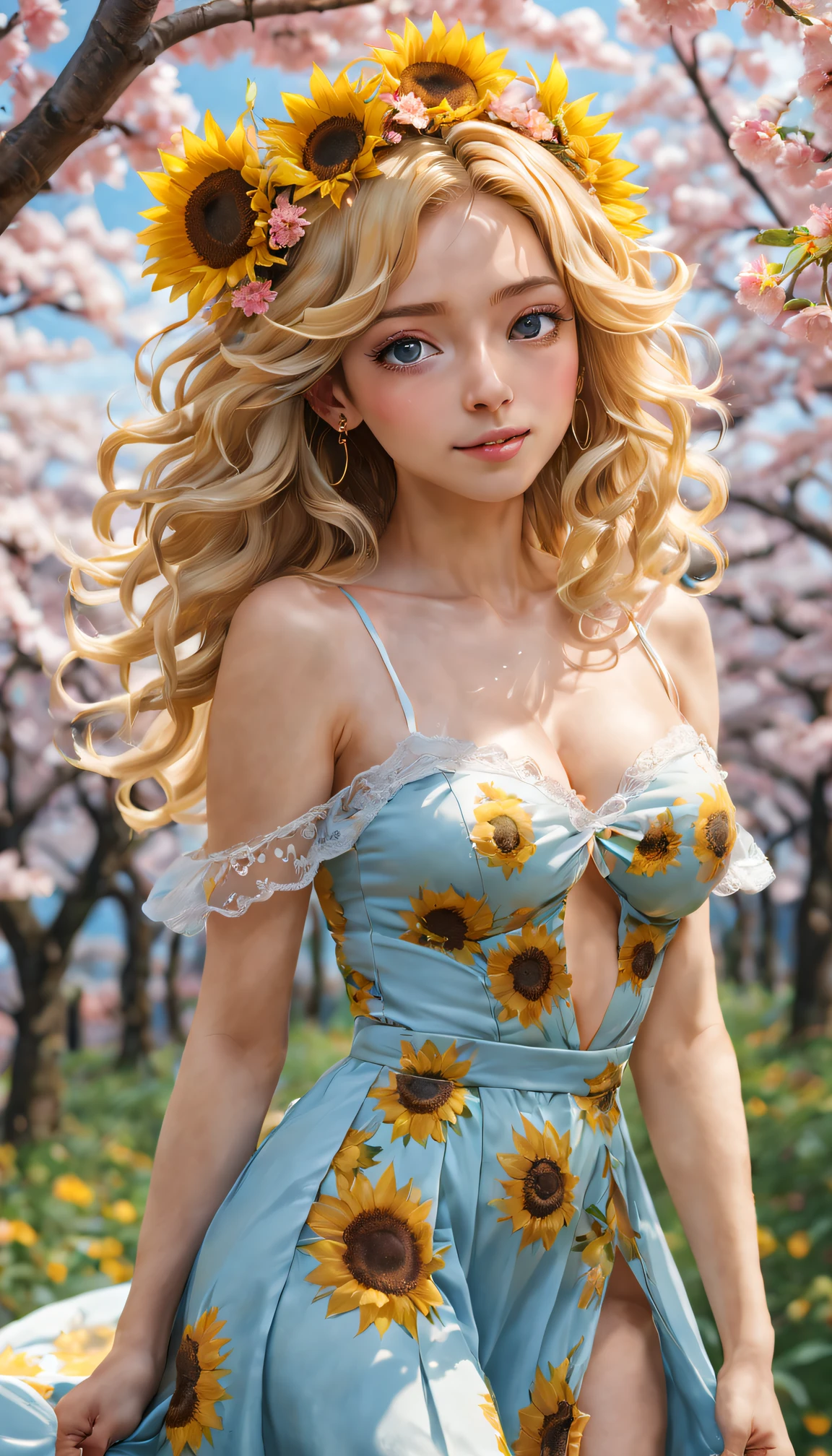 (golden sunflower art), like a dream, cherrie_blooming flower, fall_petals, petals, Branch, Pink_Flowers, 1 busty girl,20yr old, blue_sky sky, springtime_(seasons), petals_show on_liquids, Flowers, hanami, a skirt, (Long curly blonde hair：1.5),Wearing a garland,sky sky, Outdoor sports, cloud, through bangs, ssmile, Pink_eyed, Sakura white dresshoulder, ear nipple ring, fail_Flowers, ventania, that tree, lookingat_show on_Peek at viewers,cow boy shooting,Best quality,4K,8K,A high resolution,tmasterpiece:1.2,ultra - detailed,actual:1.37,[HighDynamicRange] [hyper HD],